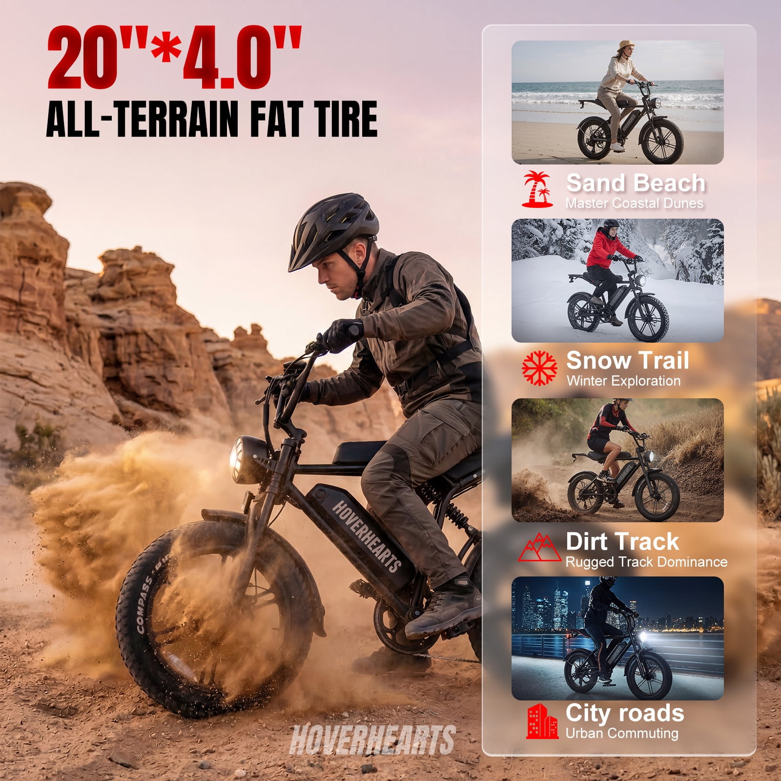 HOVER HEART 20 in Fat Tire Electric Bike 500W Retro E-Bike with Hydraulic Brakes (Black, 20 in) cashj