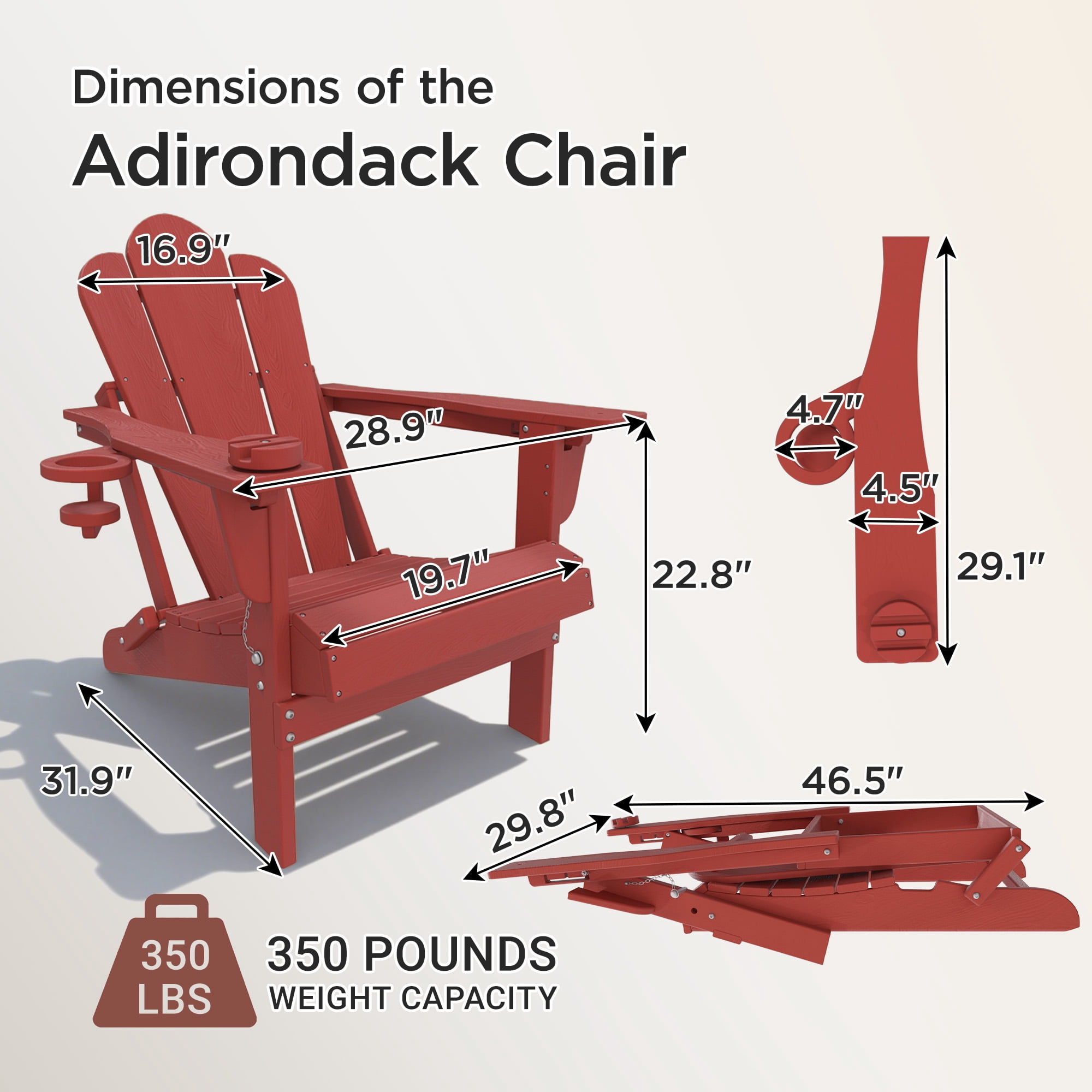 Tappio Folding Adirondack Chair All-Weather HDPE Outdoor Patio Chair with 3-Position Adjustable Backrest and Device Holder (Red) ttu2p