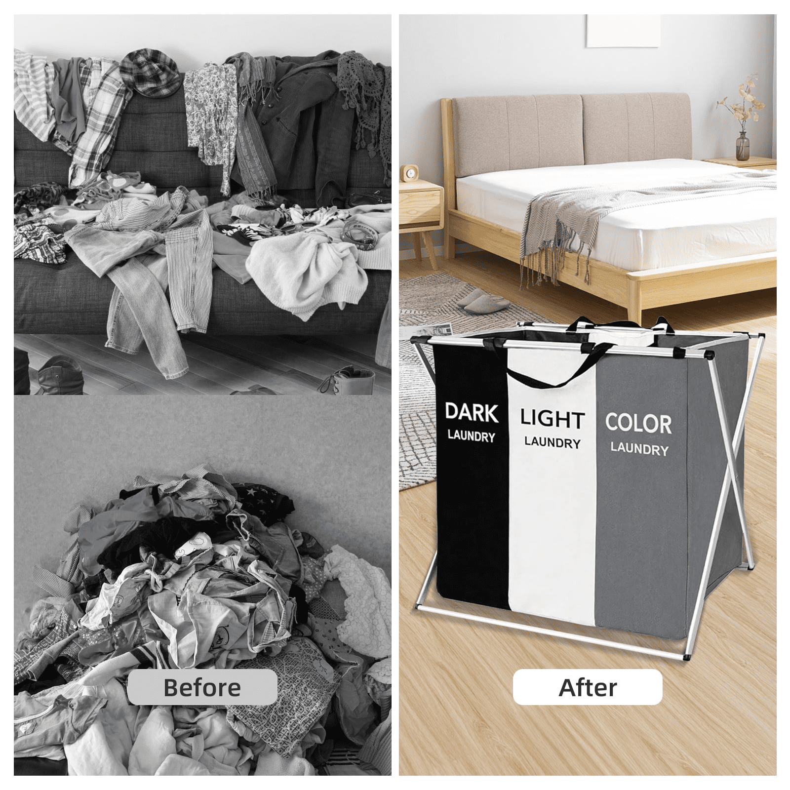 Torio 3-Compartment Collapsible Laundry Hamper, Freestanding Clothes Organizer with Reinforced Handles (Large, Gray) q6ukc