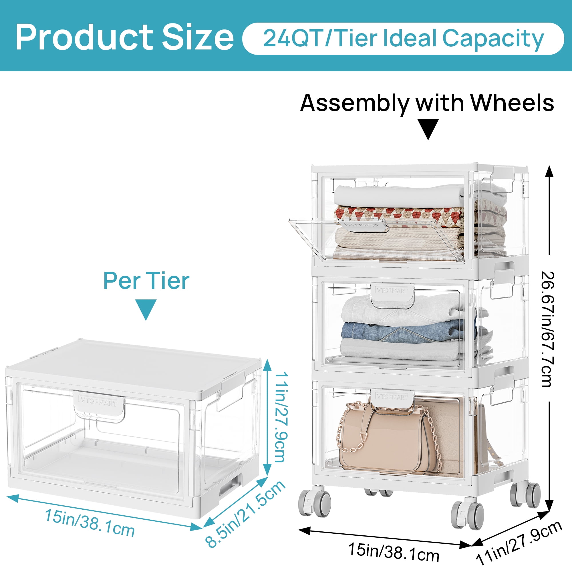 Sindcom 3-Layer Stackable Storage Bins, Foldable Large Organizer with Lids and Wheels (White, 72 qt) 51ap9