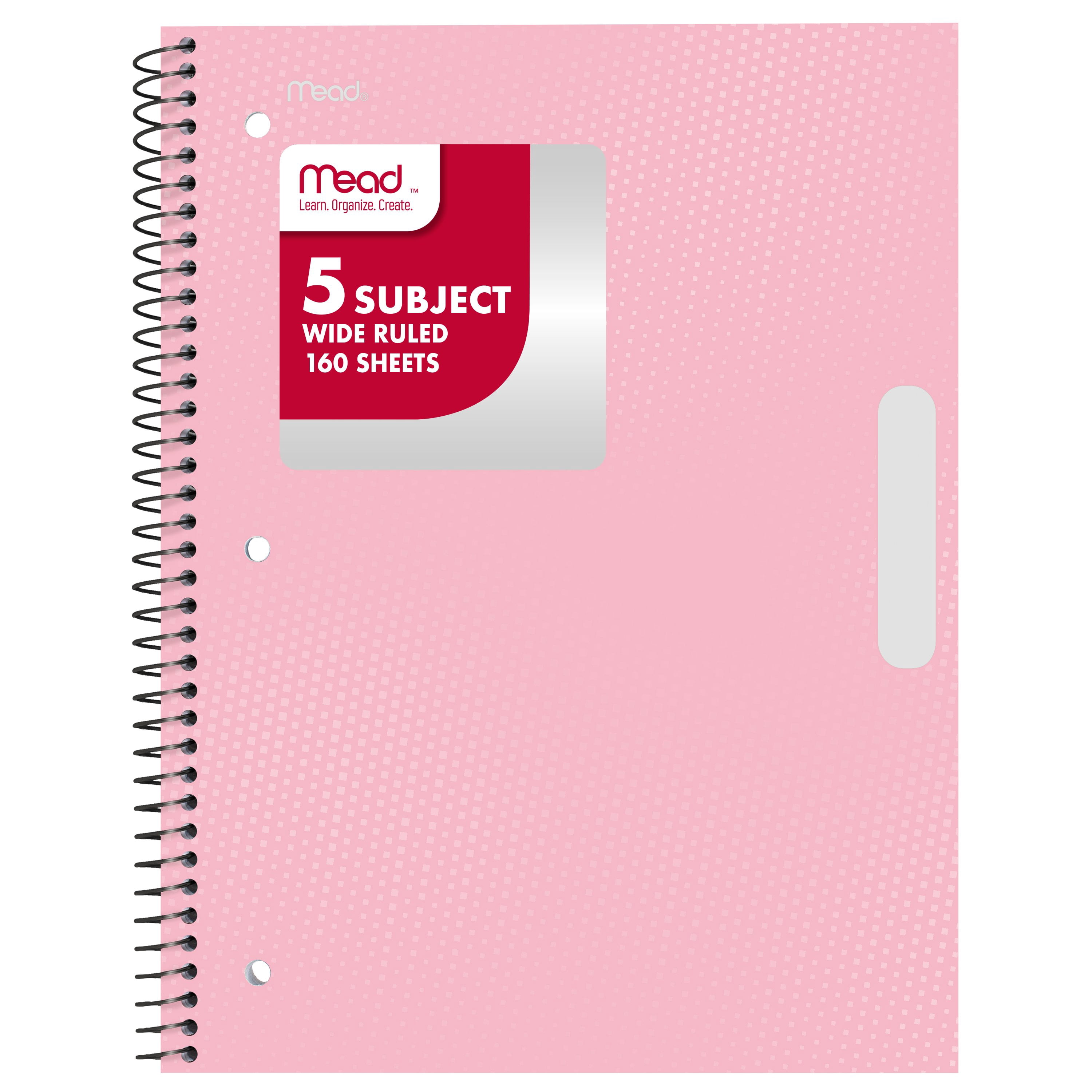 Mead 5 Subject Wide Ruled Spiral Notebook (Pastel Pink, 8 in x 10.5 in, 160 Sheets) wvvv5