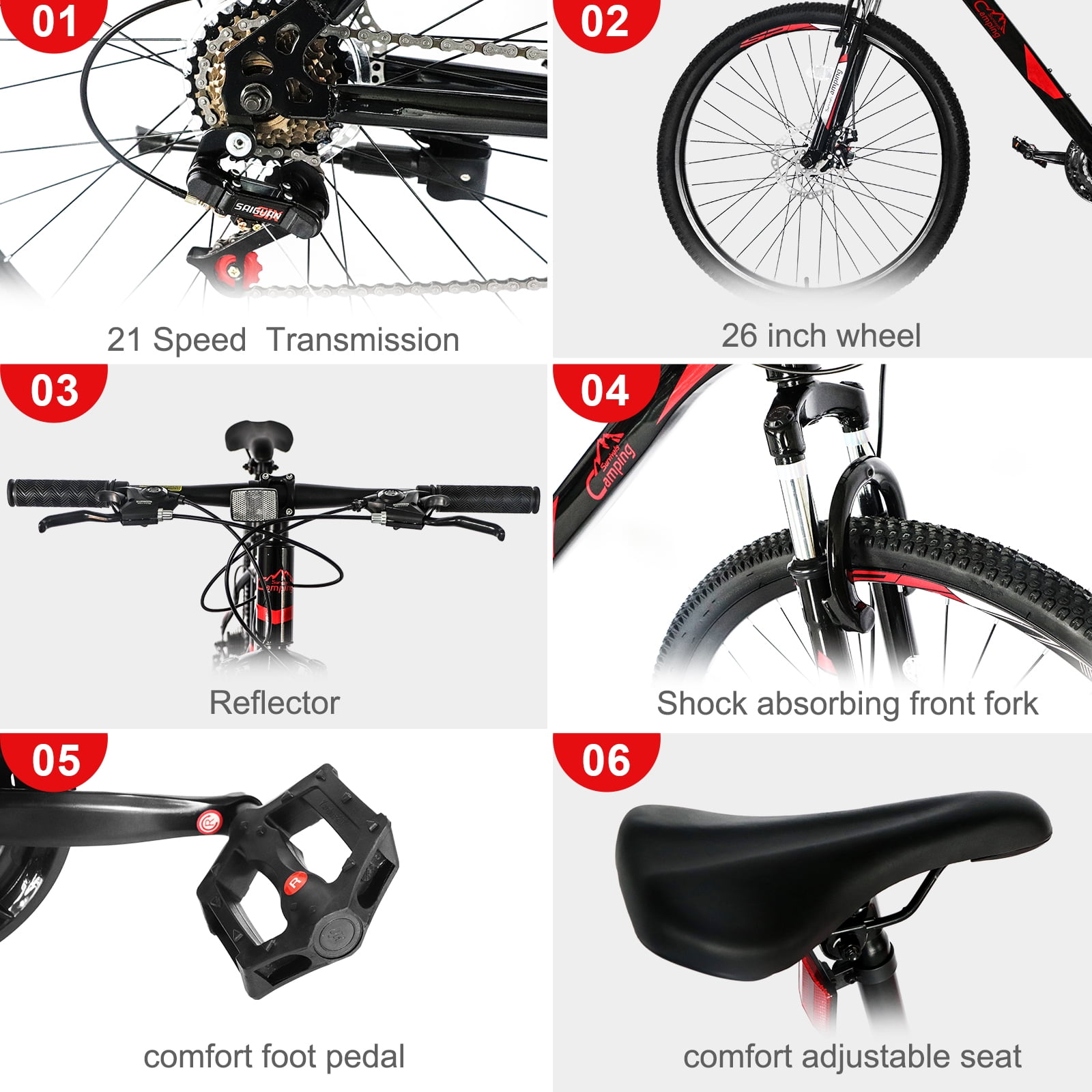 Winado 26-Inch Mountain Bike, 21-Speed Adult Trail Bicycle with Dual Disc Brakes (Black Red, 26 in) aemjx