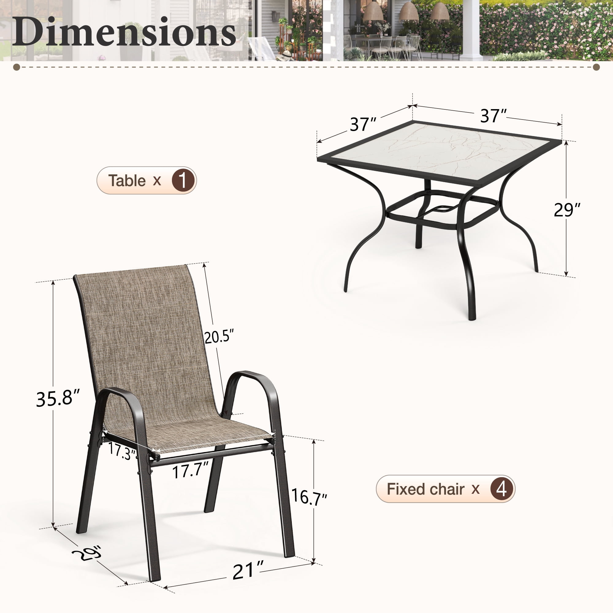 Summit Living 5-Piece Outdoor Patio Dining Set, Stackable Textilene Chairs and Metal Square Table with Marble Tabletop (Black, 350 lb Capacity) 51psz