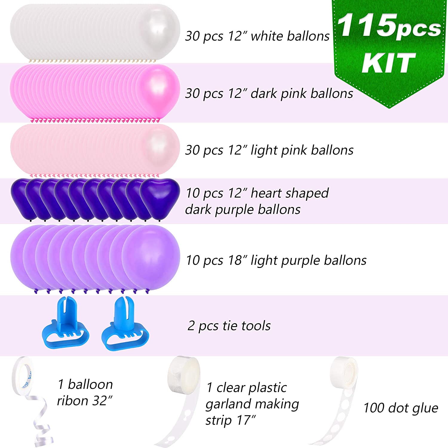 IRION Balloon Arch Garland Kit for Party Decorations (Pink, White, Purple, 115 Pieces) b8x90