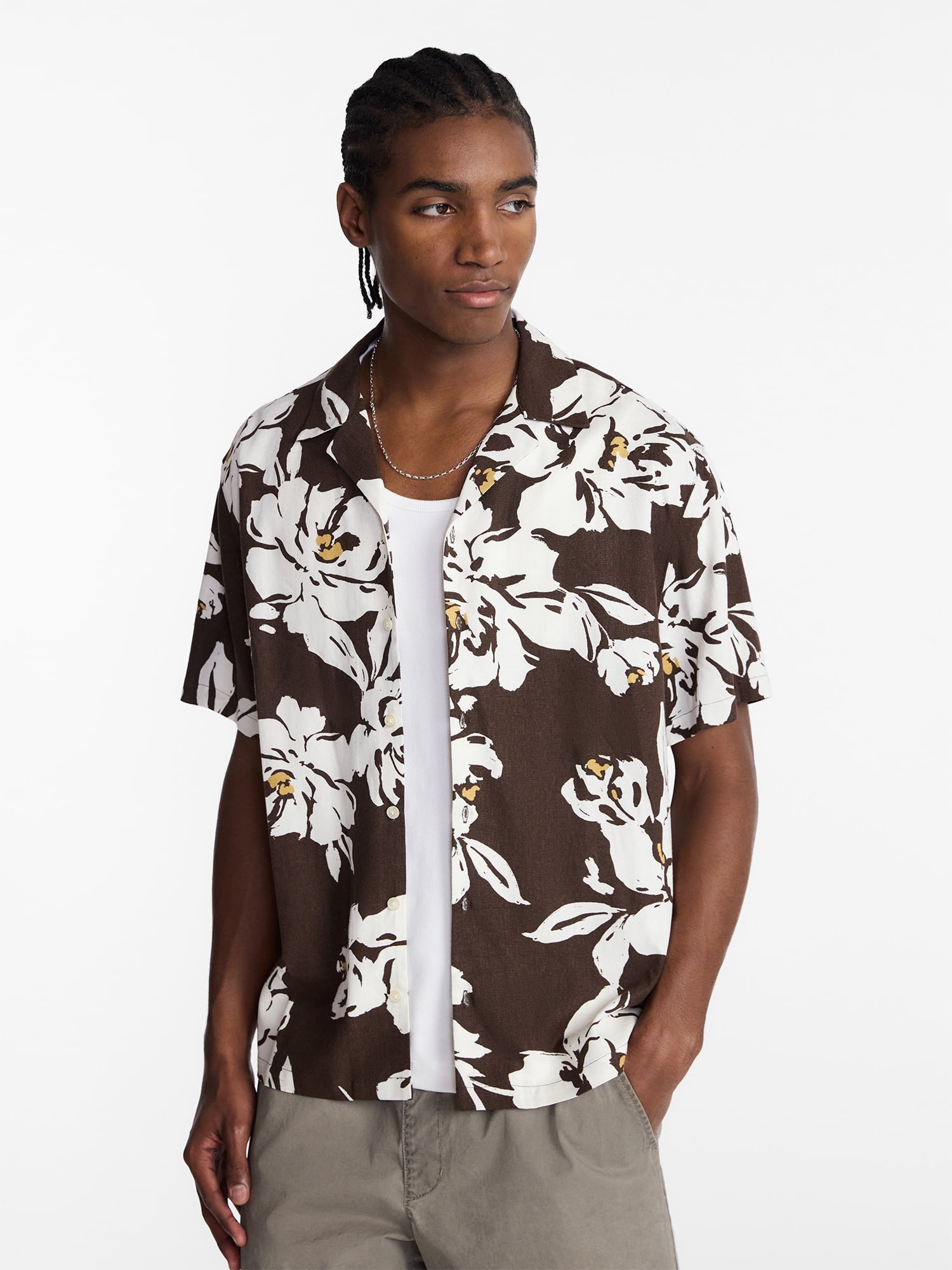 No Boundaries Men's Boxy Fit Linen Blend Resort Shirt (Brown, XS) om9l4