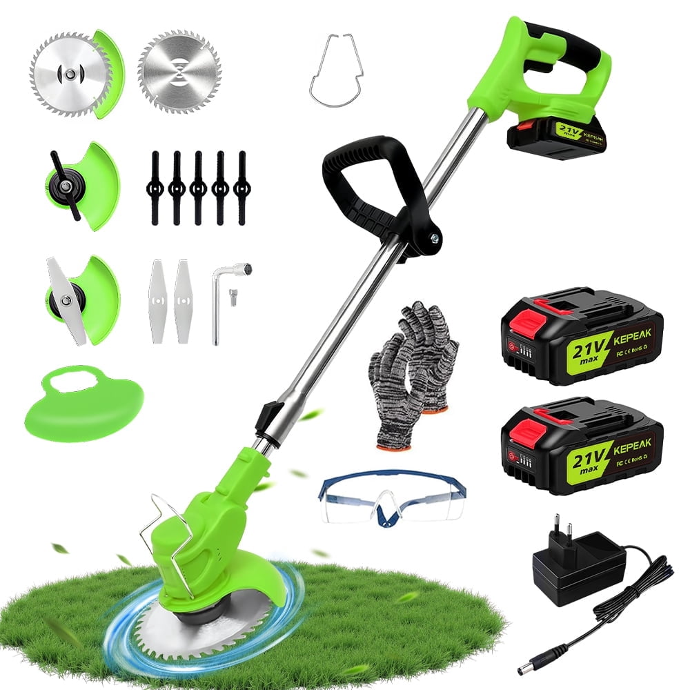 MDHAND 21V Cordless Electric Grass Trimmer, Lightweight Weed Eater with 3 Blades, Adjustable Shaft (Green, 3.28 lb) 0gmie