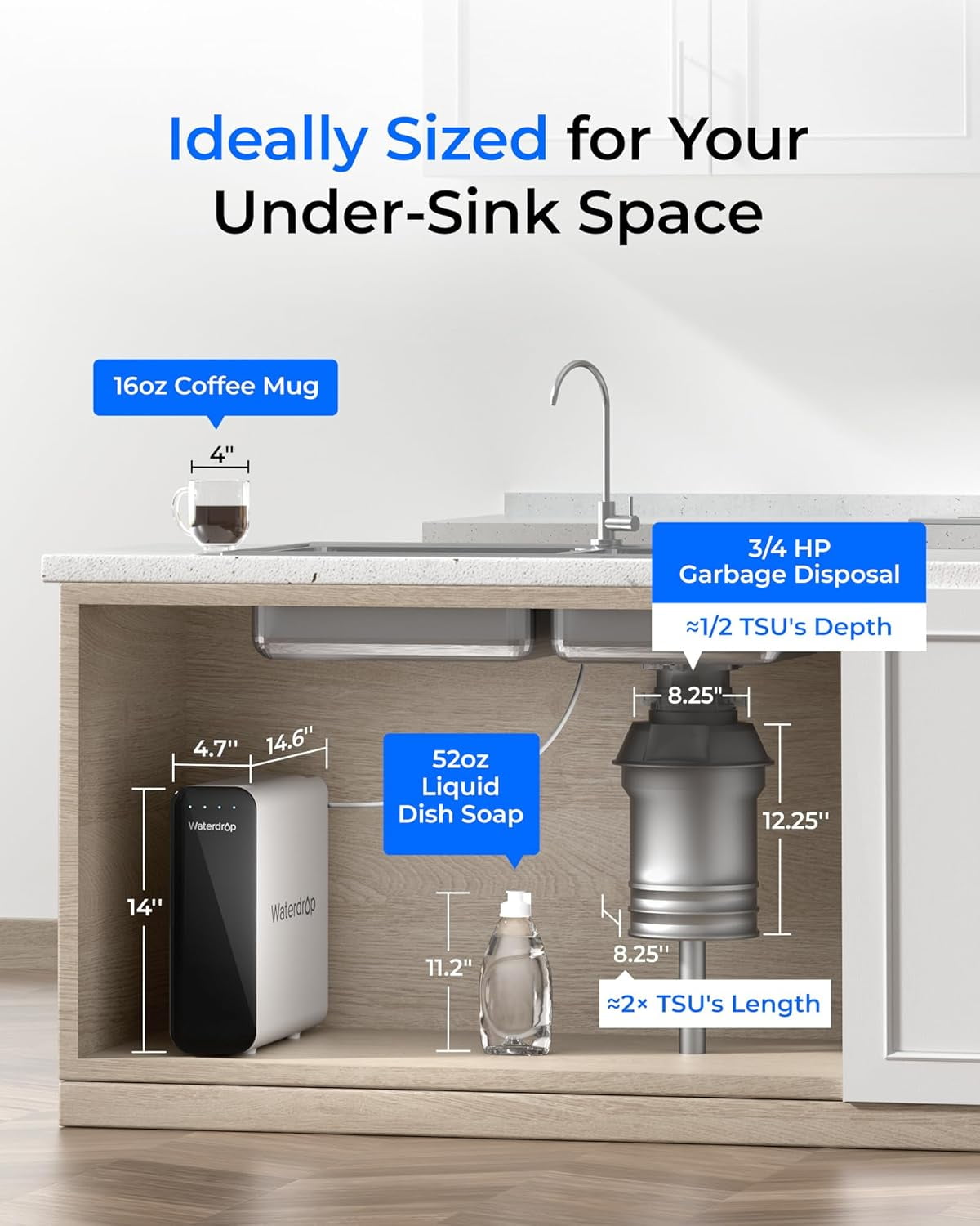 Waterdrop TSU 3-Stage Under Sink Water Filtration System (White, 4.68 in x 13.97 in x 14.81 in) 29zij