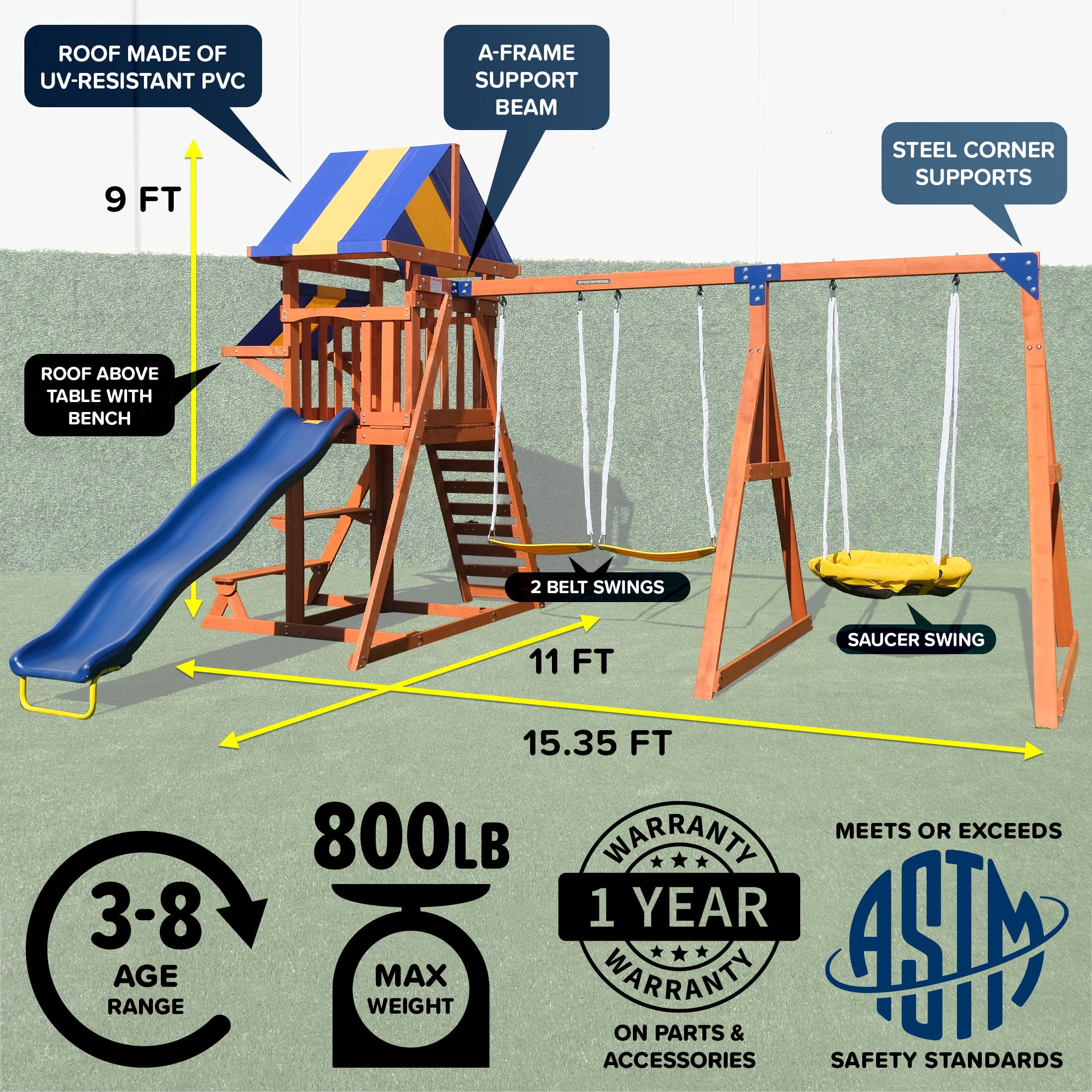 Sportspower Willow Creek Wooden Swing Set with Saucer Swing, Play Fort, Sandbox, and 8 ft Slide (One Size) 6wayx