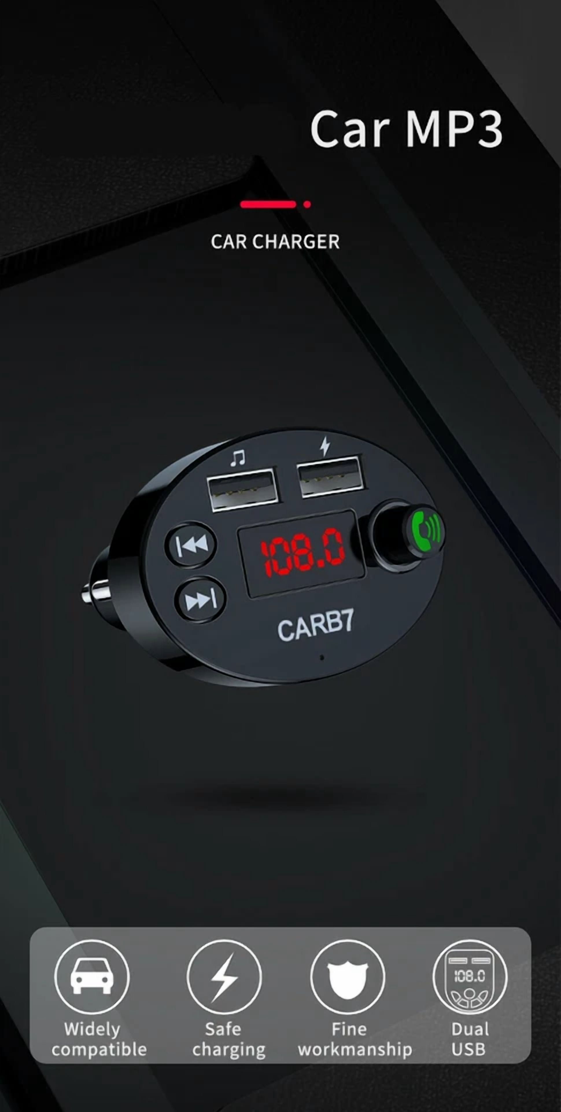 Rhea Bluetooth FM Transmitter Wireless Radio Adapter with Dual USB Phone Charger (Black, 1 Pack) xrsnj
