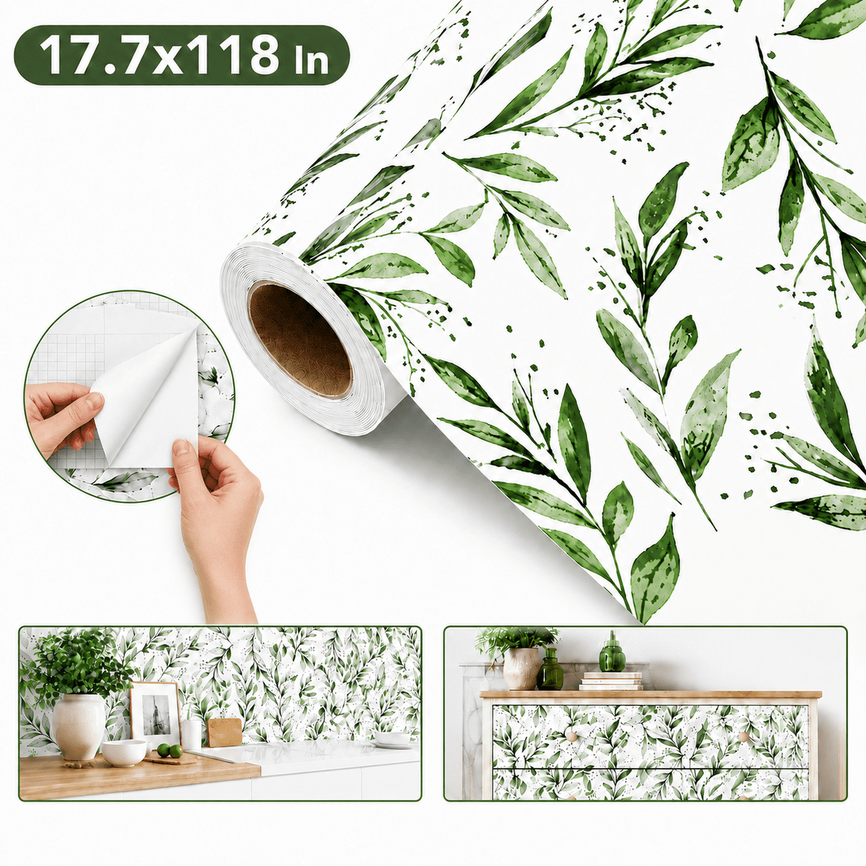 Genreen Green Leaf Peel and Stick Wallpaper, Self-Adhesive Removable Vinyl Contact Paper for Furniture and Walls (Green, 17.7 in x 118.1 in) i7pz9