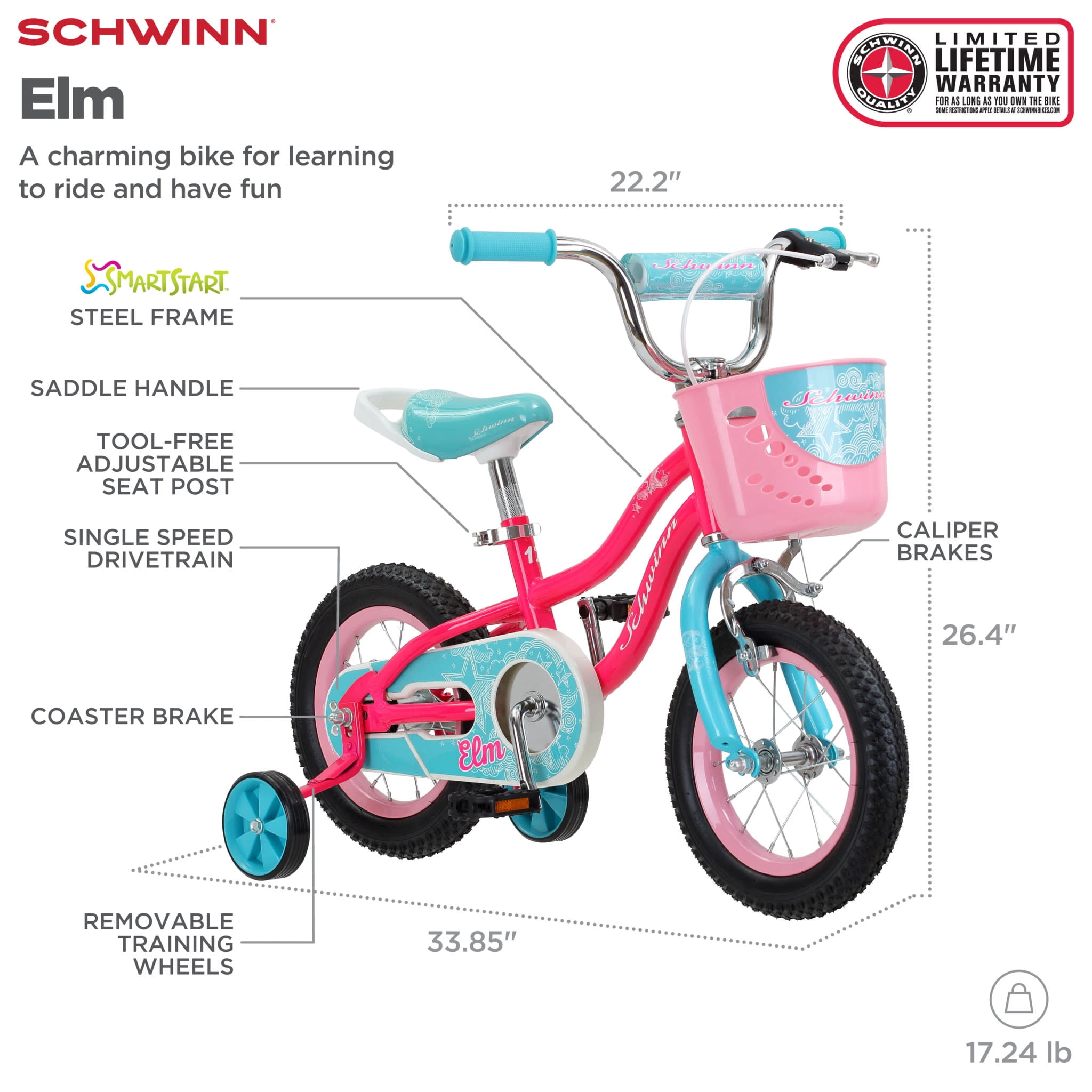 Schwinn Elm Kids Bike with Training Wheels and Basket (Pink, 12 in) 5ove4