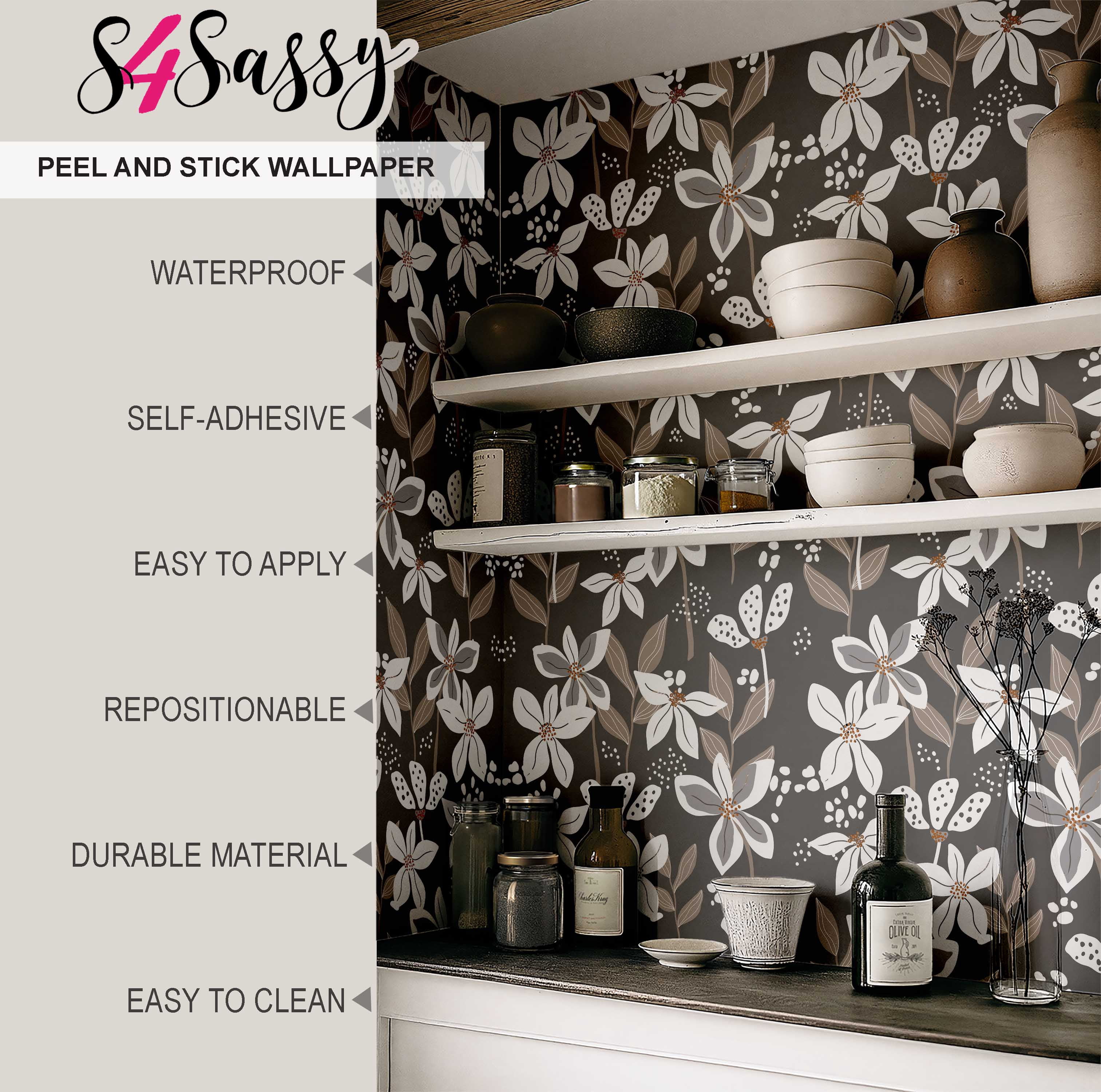 S4Sassy Peel and Stick Wallpaper, Removable Golden Petals Wall Mural for Home Decor (Gray, 25 in x 360 in) g613w