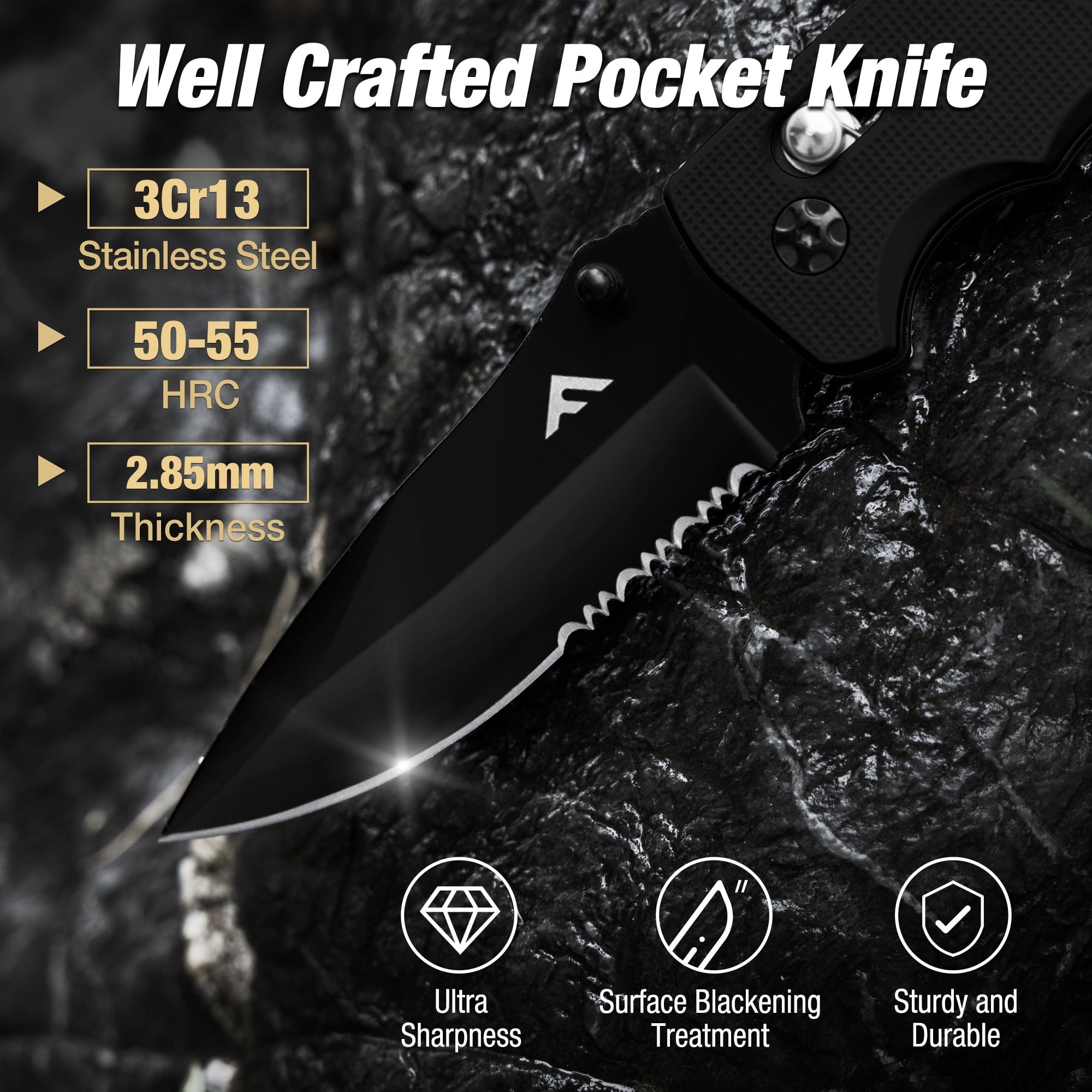 FLISSA Folding Pocket Knife with Glass Breaker and Seatbelt Cutter (Black, 3.5 in) ncwqy