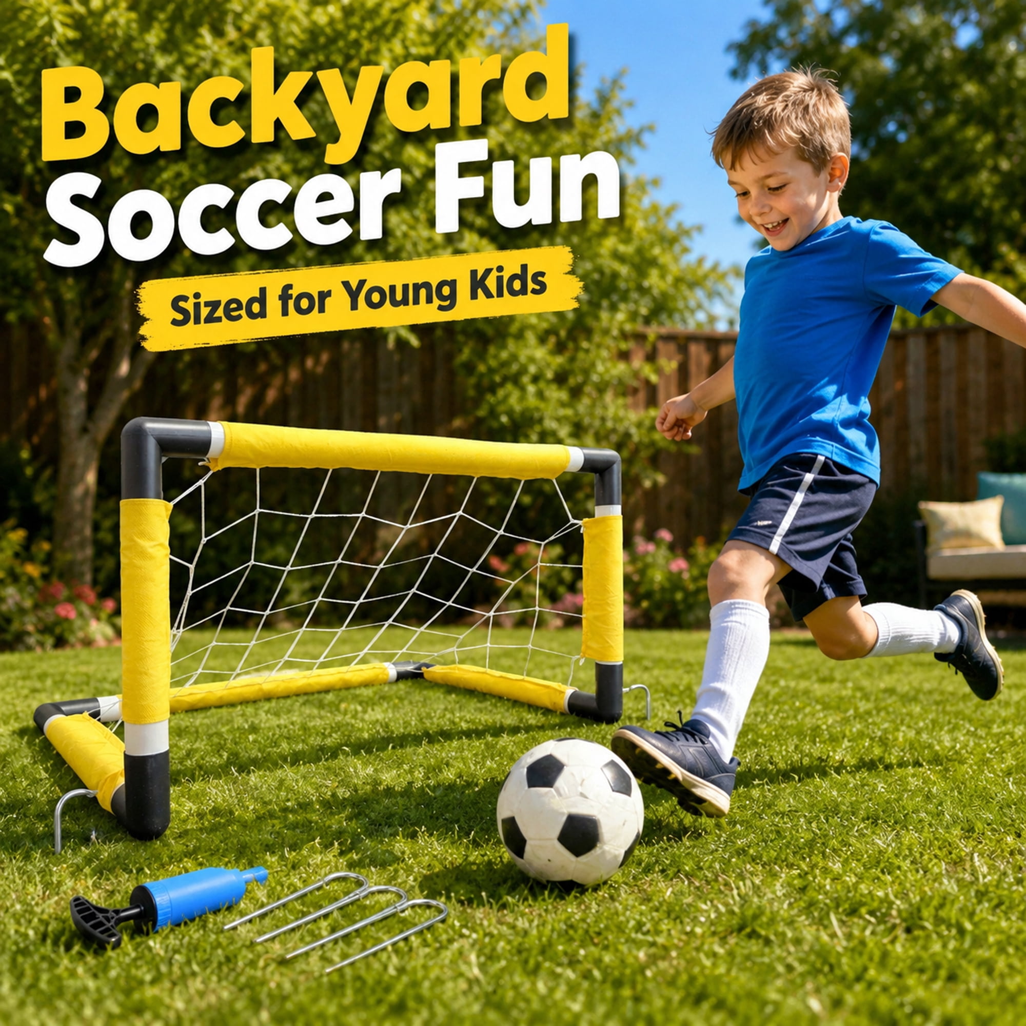 Blue Block Factory Kids Soccer Goal Set, Portable Backyard Sports Net with Ball and Pump (Yellow, 28 in) n9fxe