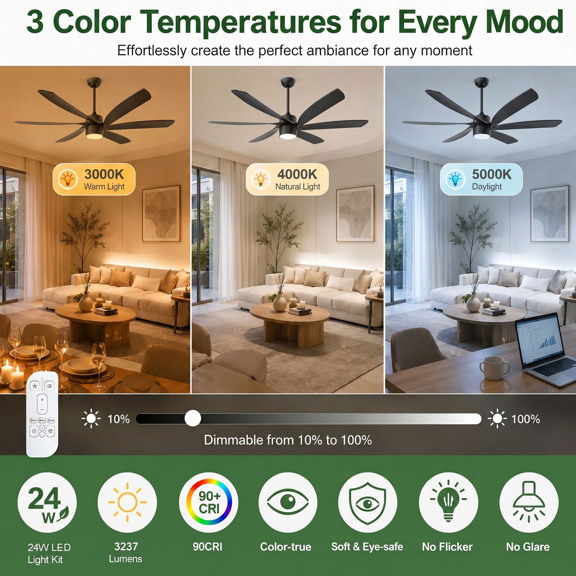 ShreeFindee 64 in Outdoor Ceiling Fan with Light, Dimmable LED, Reversible DC Motor, Waterproof for Patio and Indoor Use (Black, 64 in) olngl