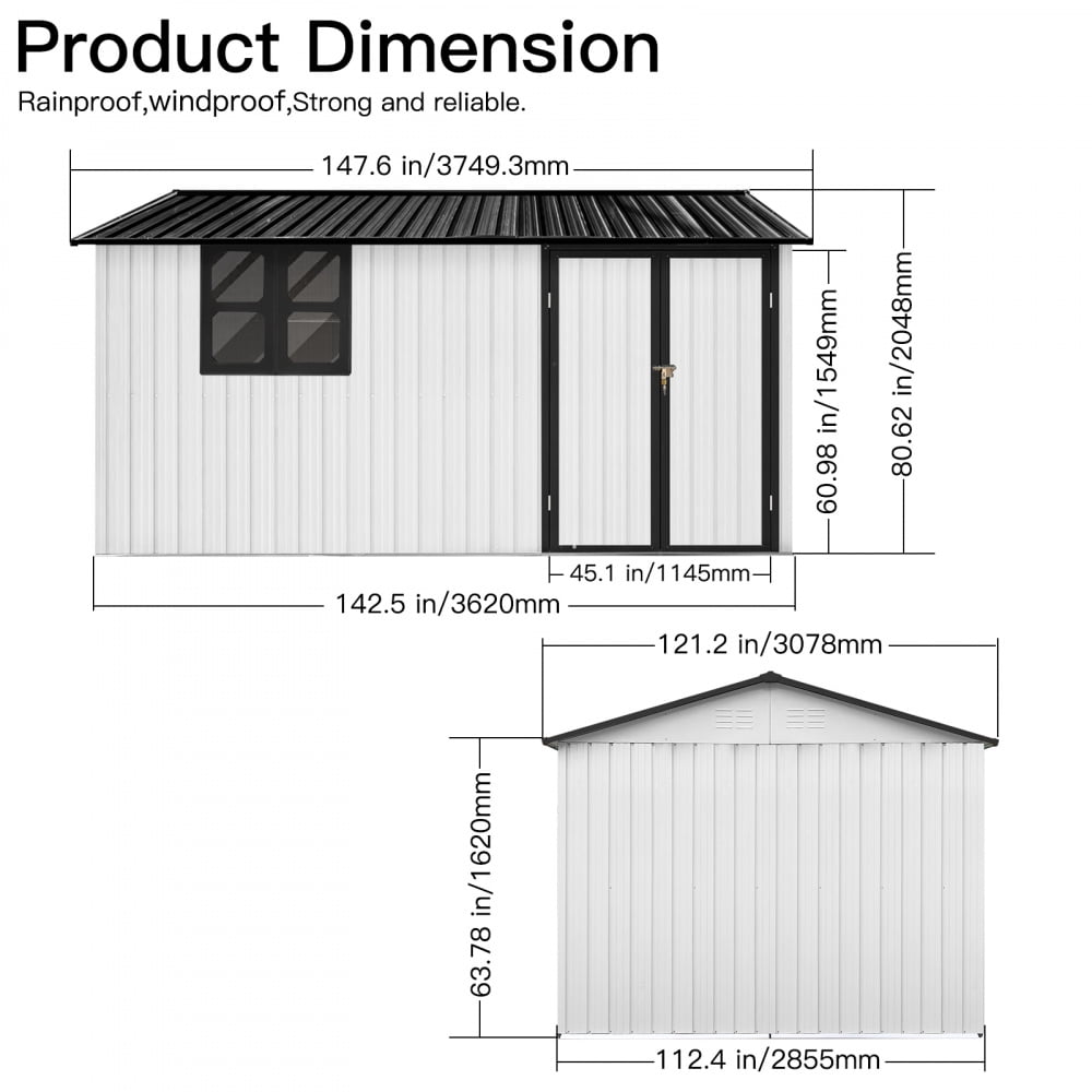 Roninkier Metal Outdoor Storage Shed with Worktable and Shelves (White and Black, 12 ft x 10 ft) 3q59c