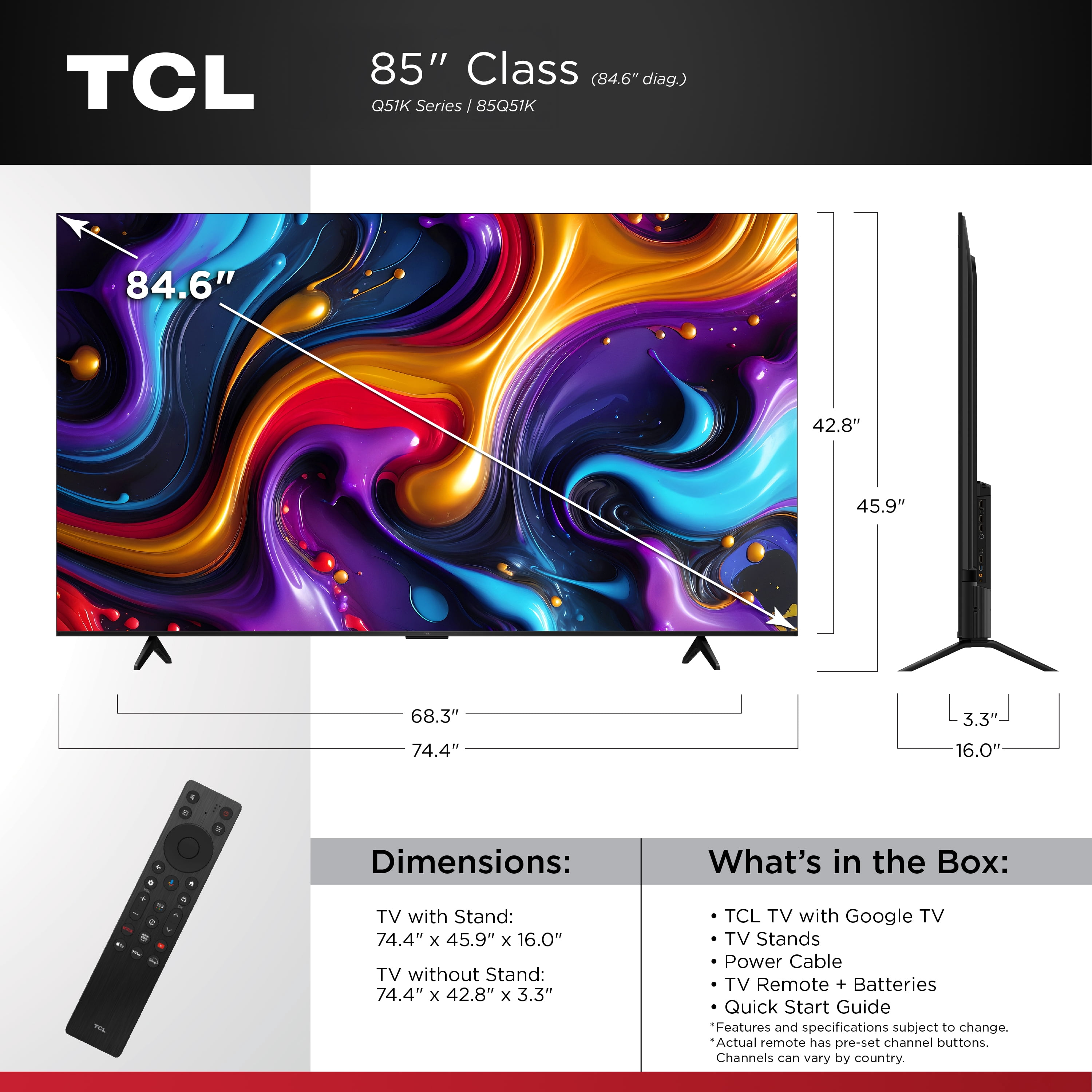 TCL 85-inch Q Series QLED 4K UHD HDR Smart Google TV (Black, 85 in) vd3vx