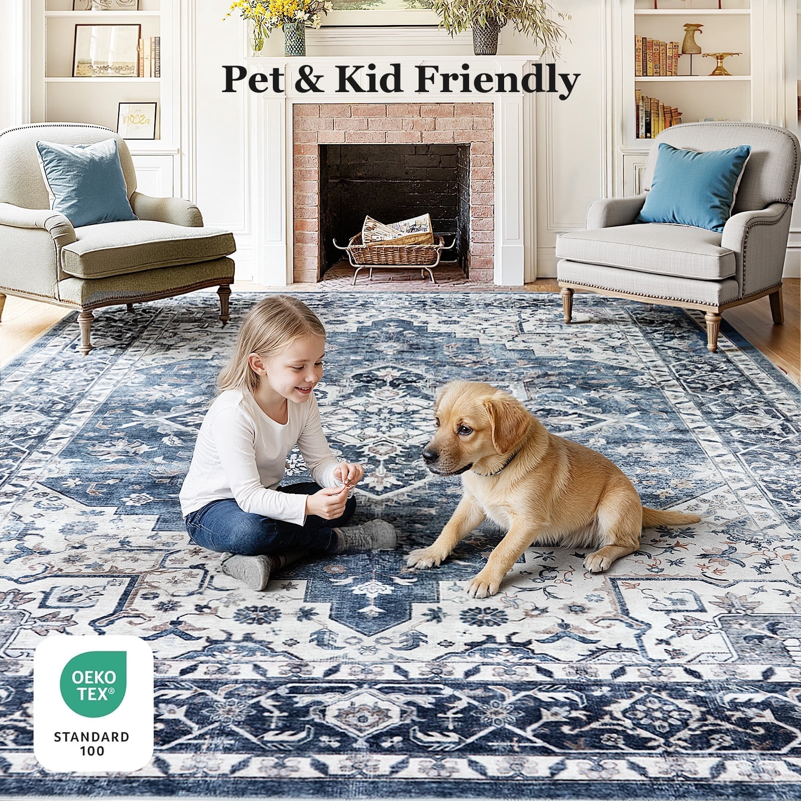 CHITOOMA Vintage Area Rug for Living Room, Machine Washable Non-Slip Carpet (Blue, 8 ft x 10 ft) 2td38