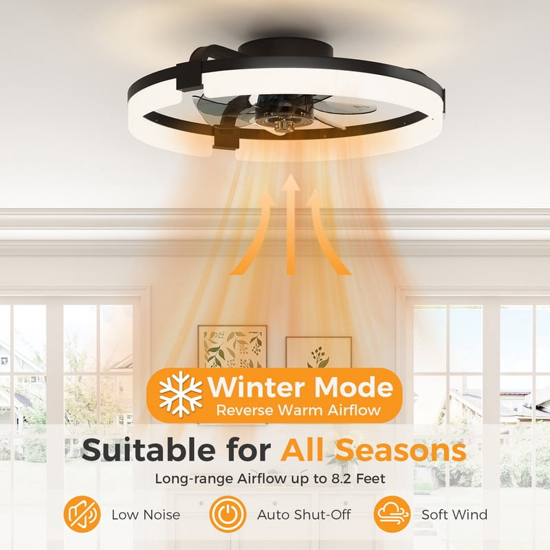 Gianna Low Profile Ceiling Fan with LED Lights, Dimmable Flush Mount Fandelier, 6-Speed Reversible Motor, App Control (Black, 19.7 in) f3z76