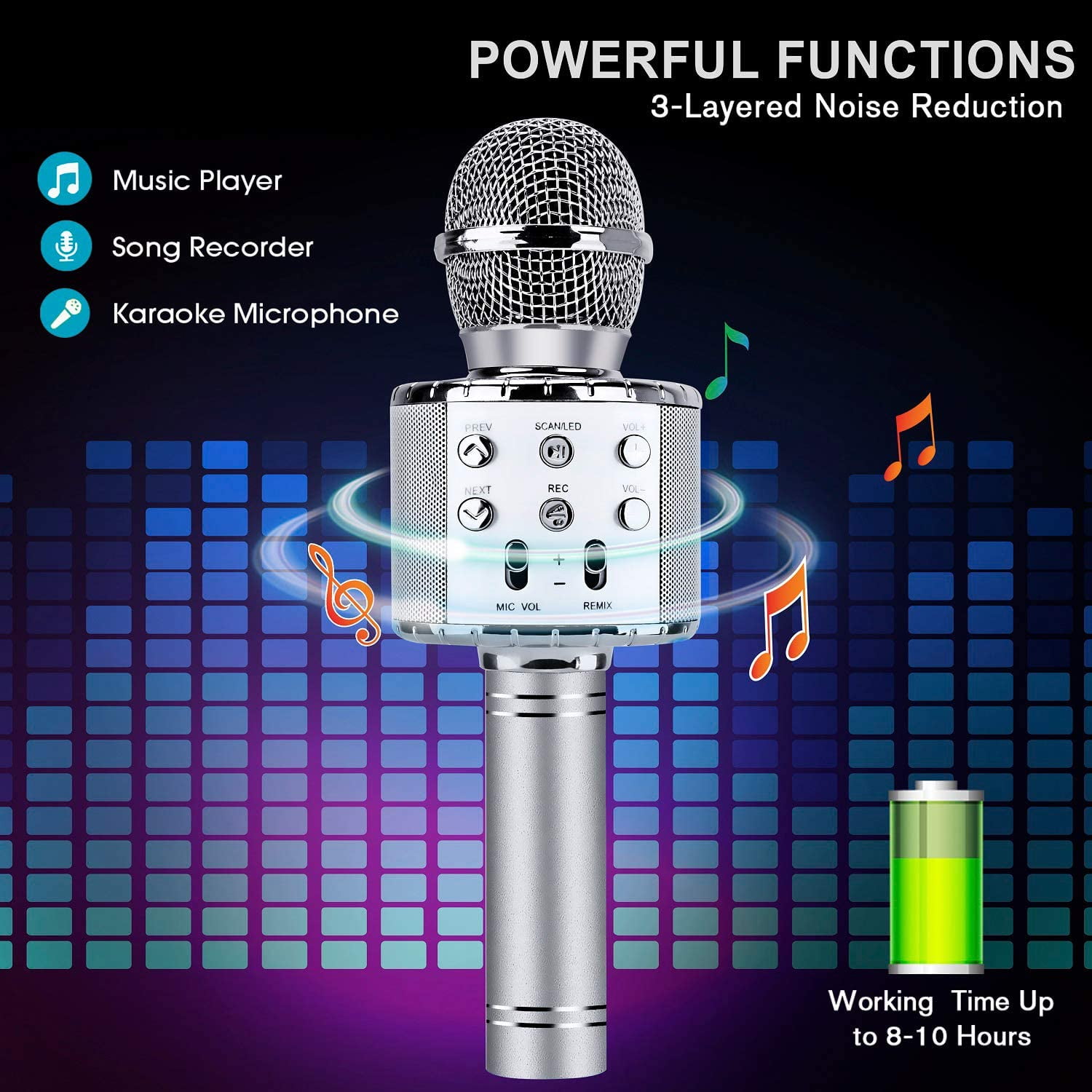 GLUAAE Wireless Bluetooth Karaoke Microphone with LED Lights and Echo Control (Silver, 0.66 lb) repgq