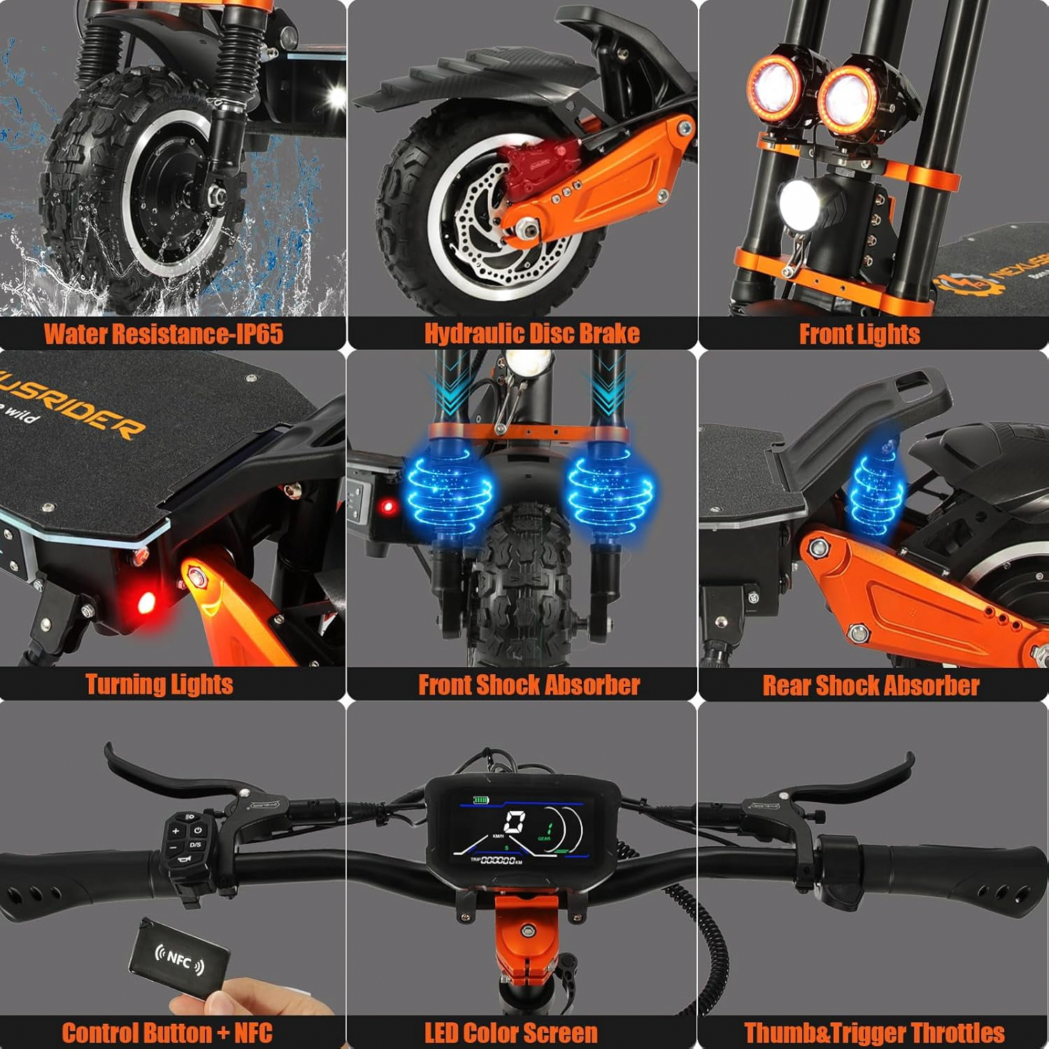 Geartist Electric Scooter for Adults, 6000W Dual Motor Off-Road Commuter, 58 MPH Max Speed, 60 Miles Range, 11-inch All-Terrain Tires (Orange, 60V 35Ah) 68db2