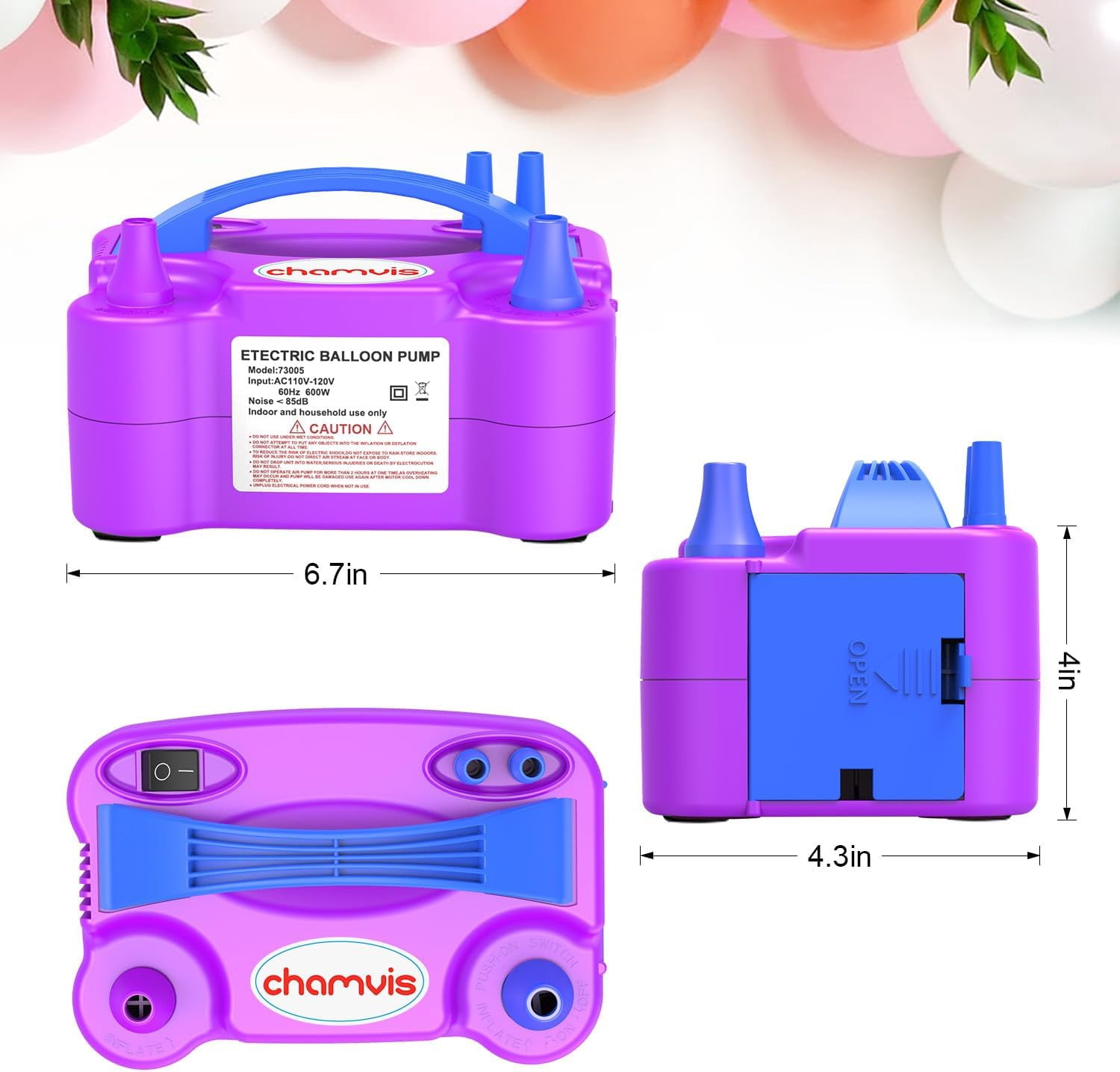 Chamvis Electric Balloon Pump, Portable Dual-Nozzle Air Blower for Party Decorations (6.7 in x 4.3 in x 4 in) no96y
