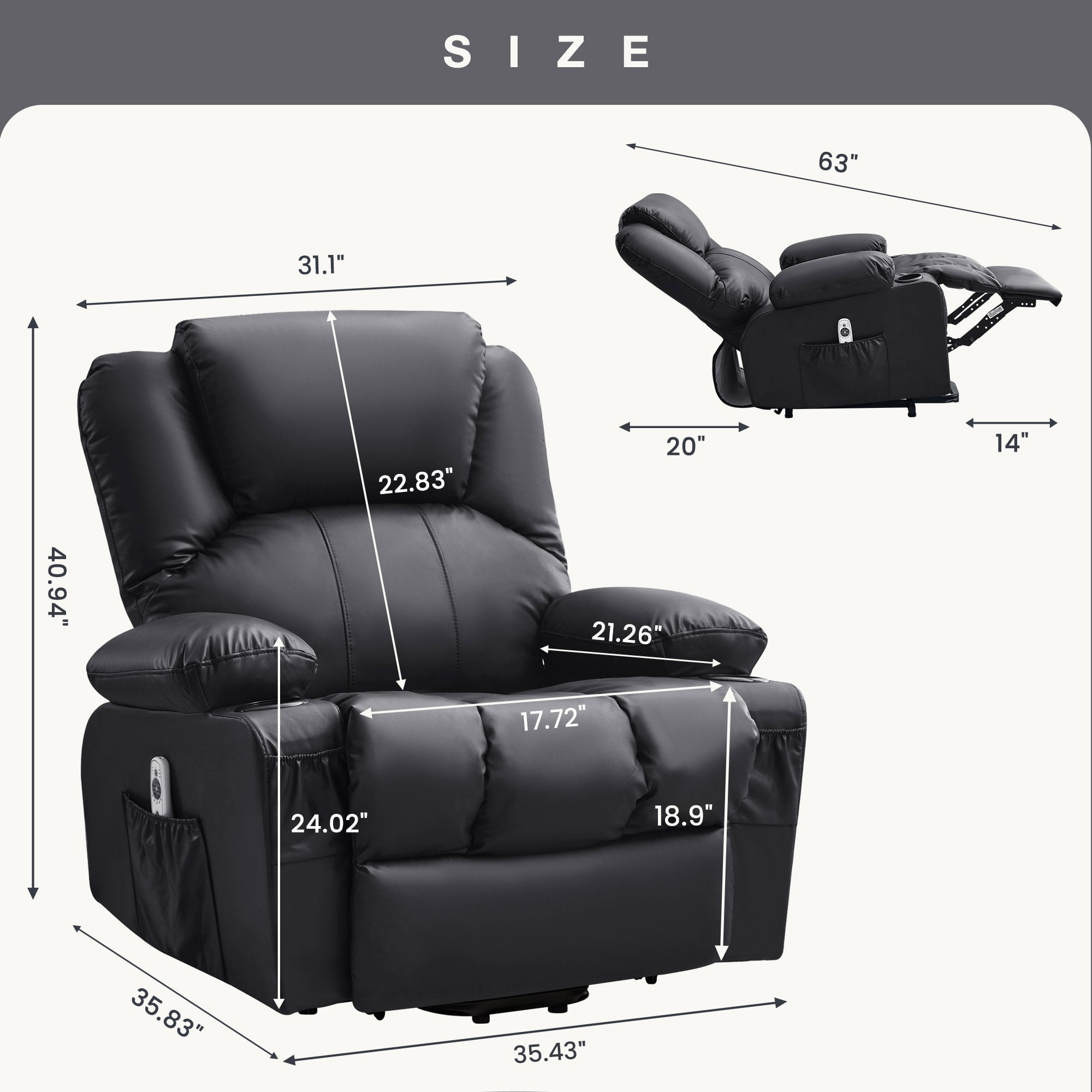 JONPONY Power Lift Recliner Chair with Heat and Massage, Infinite Position Electric Lounge Chair for Living Room (Black, 35.43 in W x 35.83 in D x 40.94 in H) 5oct4