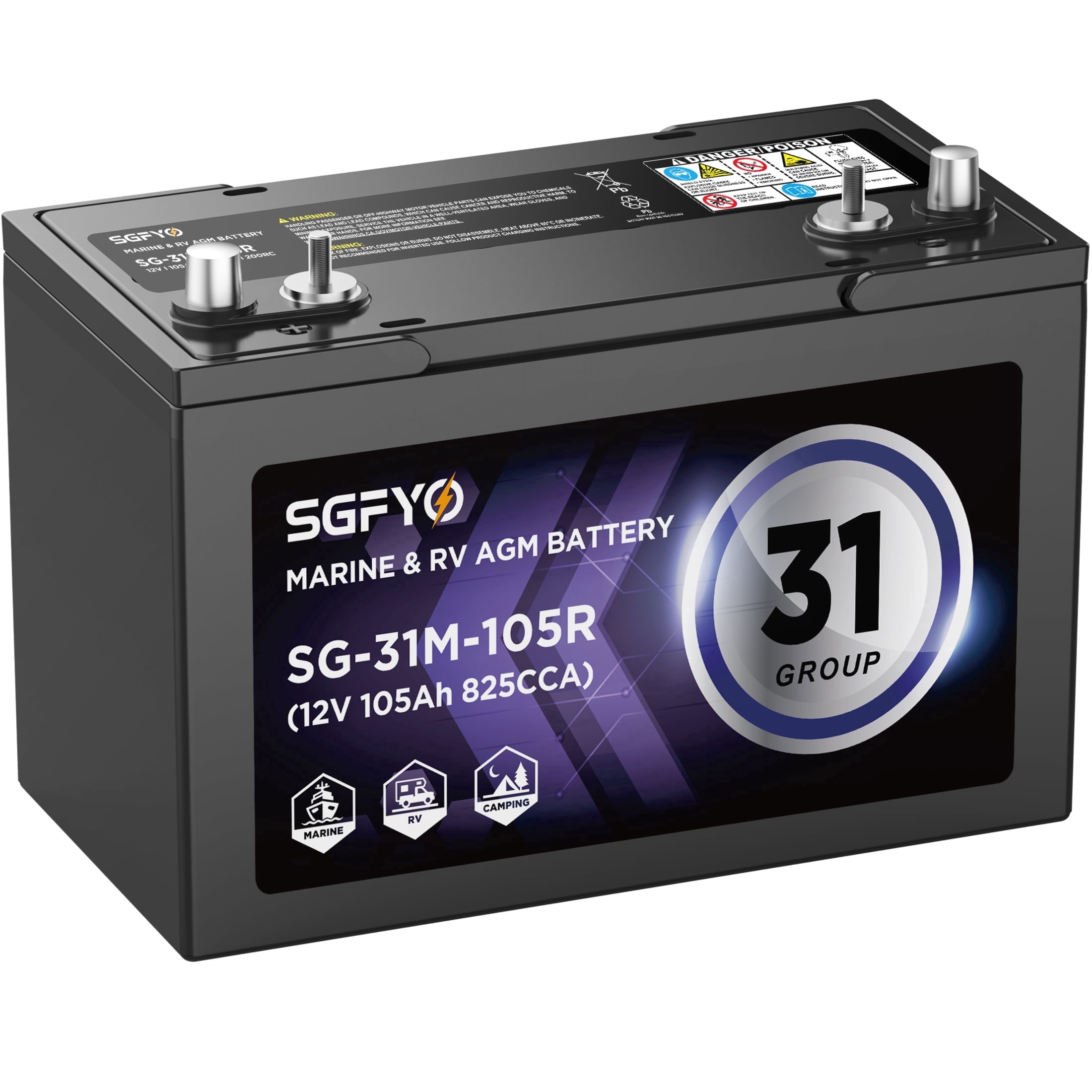 SGFYO Group Size 31M Dual Purpose AGM Battery for Marine and RV (12V 105Ah 825CCA) sy8nd