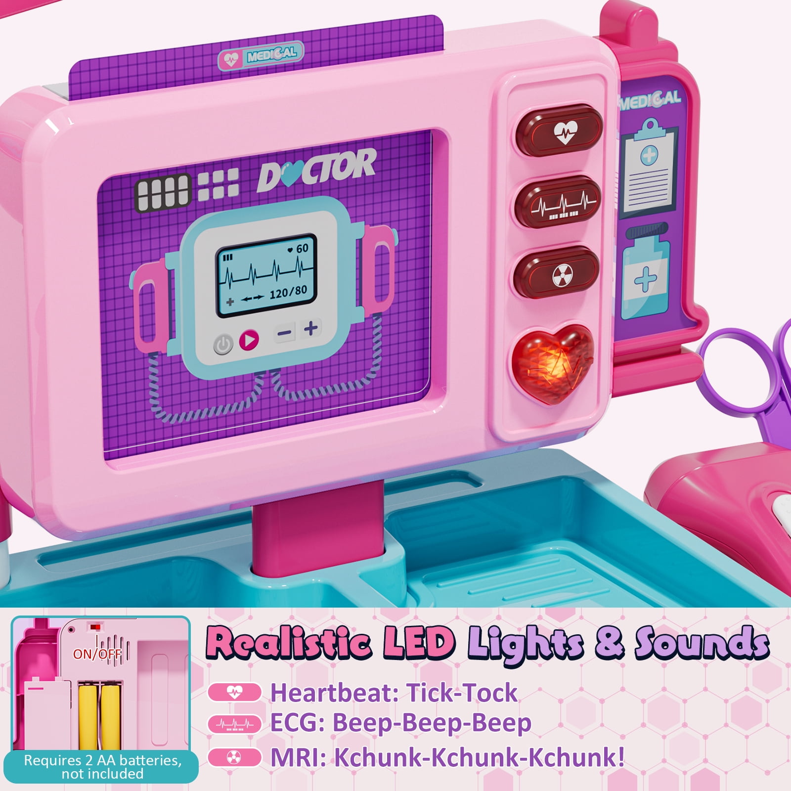 KWANITHINK Kids Doctor Play Cart with Realistic Light and Sound Effects, Pretend Medical Station Role Play Toy (Pink, 21.2 in x 16.9 in x 8 in) fkiqg