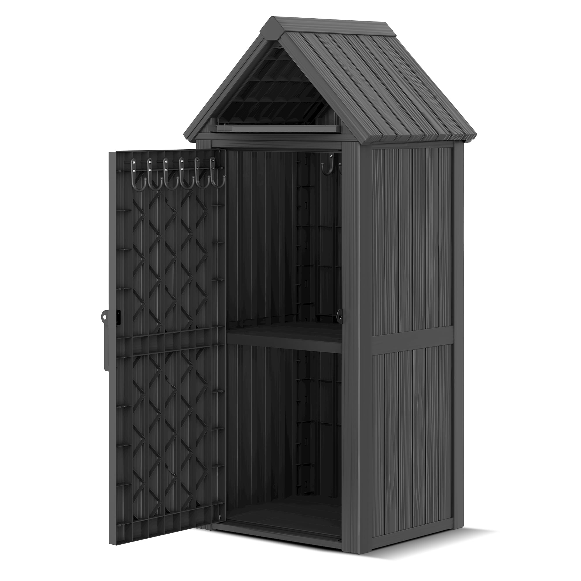 Bifanuo Outdoor Storage Shed, Weatherproof Garden Tool Cabinet with Shelves and Hooks (Black, 47.5 in x 72.9 in x 81.9 in) 39njr