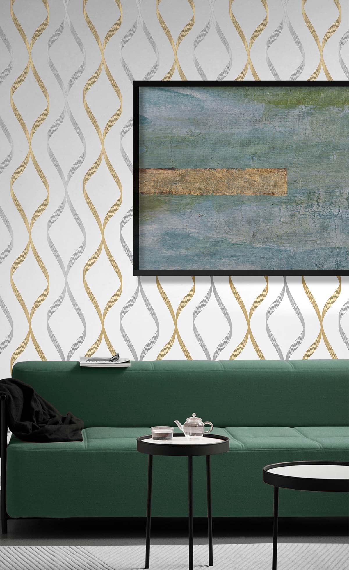NextWall Ogee Ribbon Peel and Stick Wallpaper (Silver and Gold, 20.5 in. x 18 ft.) xie6h