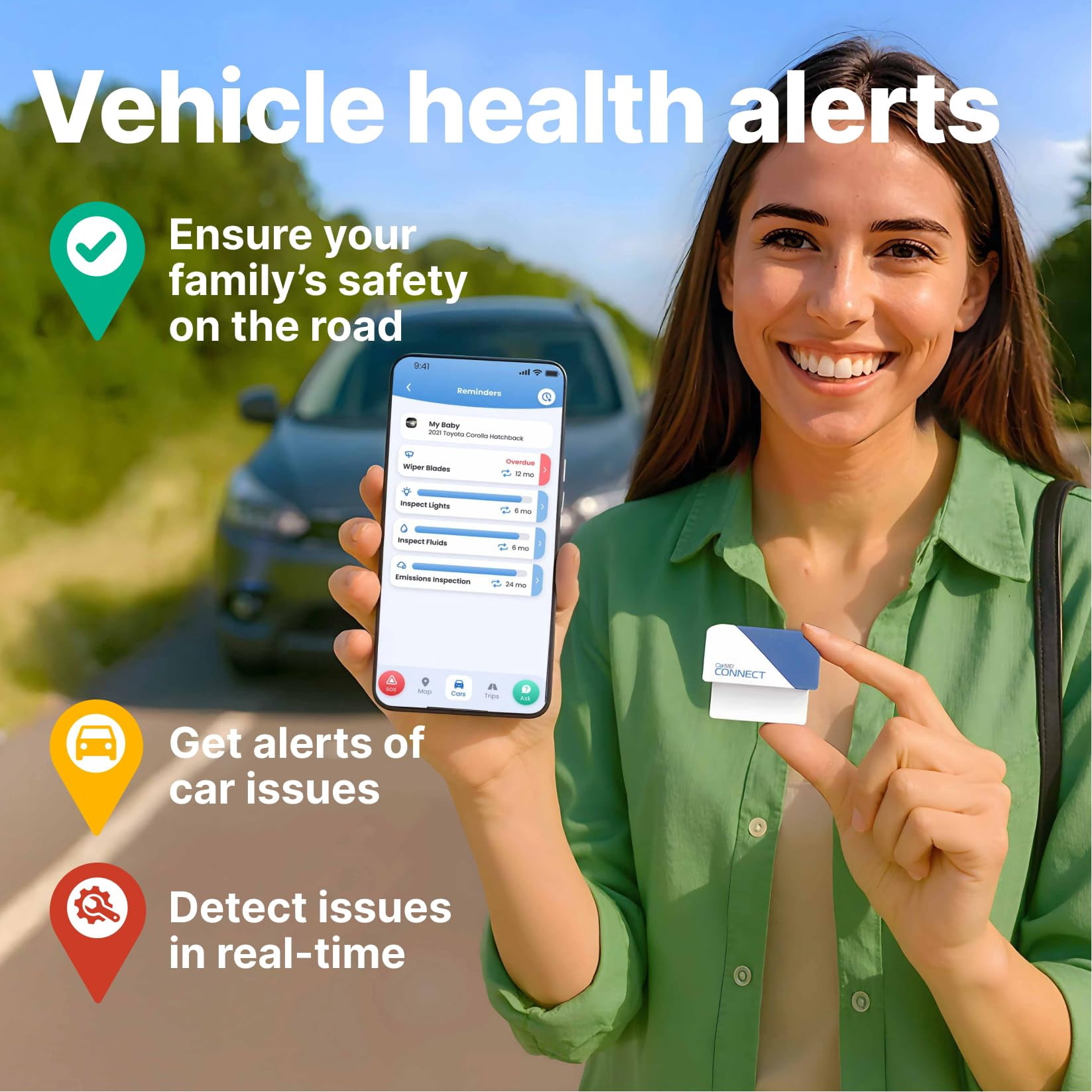 CarMD Connect OBD2 Vehicle Health Monitor and Real-Time Tracking Device (Blue, 1 Pack) oancg