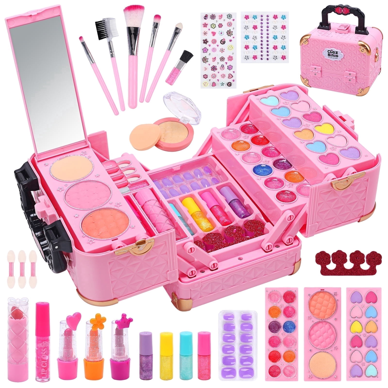 JoyStone Kids Washable Makeup Kit, Pretend Play Vanity Set with Carrying Case (Pink, 62-Piece Set) 6yhxu