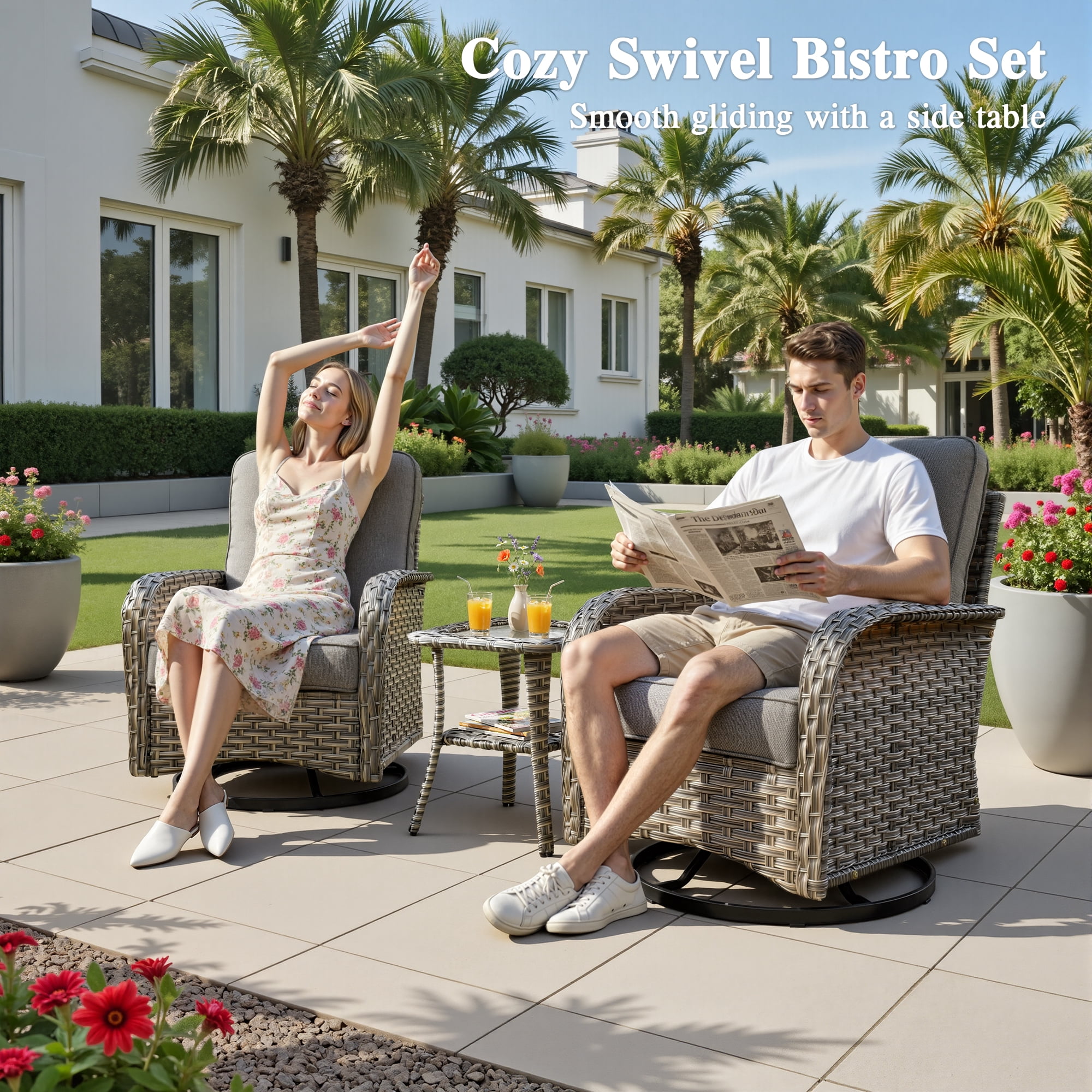 Ovios 3-Piece Patio Furniture Set, 2 Swivel Rocking Wicker Chairs with Side Table (Grey) qj3bv
