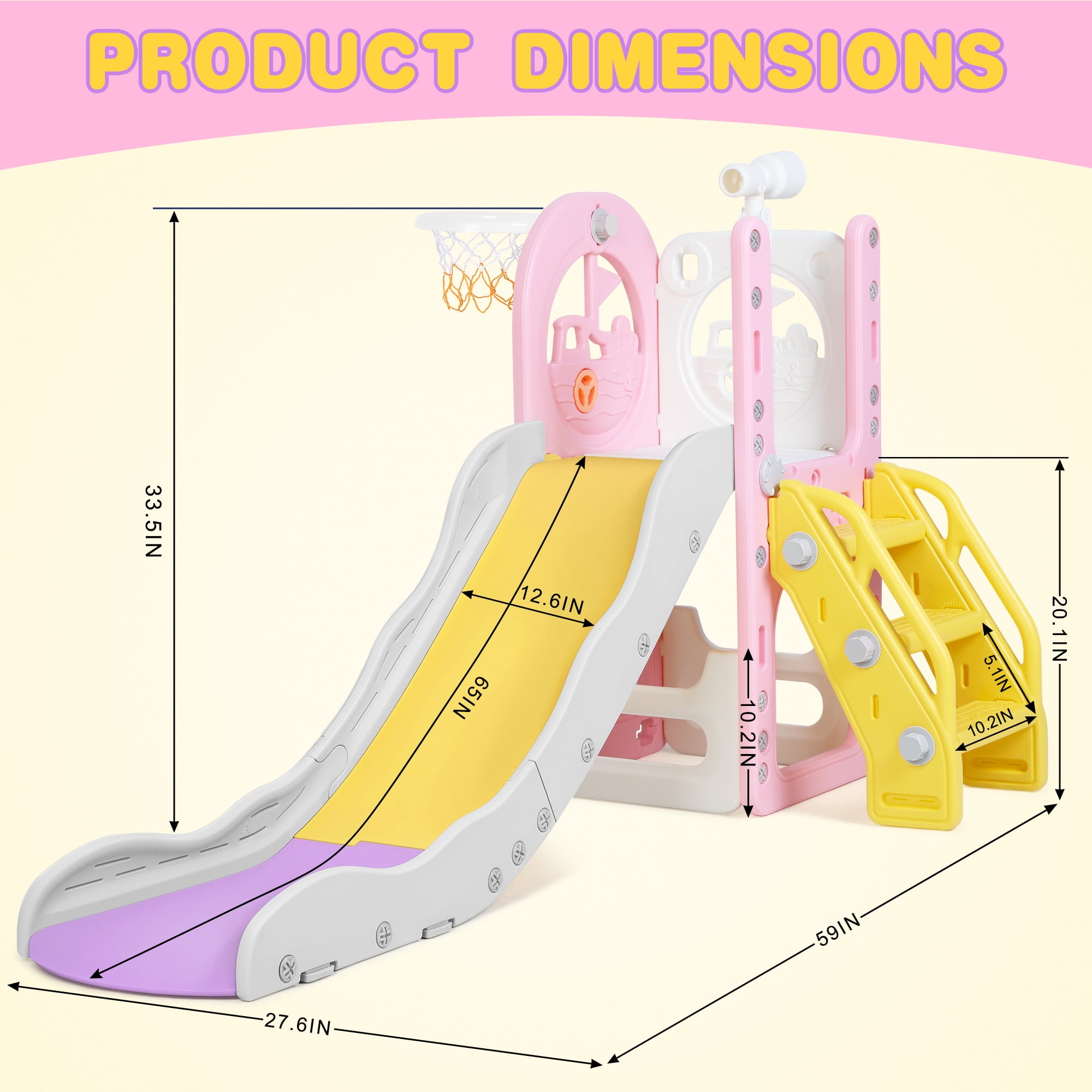 Zimeng 6-in-1 Toddler Slide and Climber Playset, Indoor Outdoor Activity Center with Basketball Hoop and Storage (Pink, 59 in x 27 in x 33 in) tmhu2