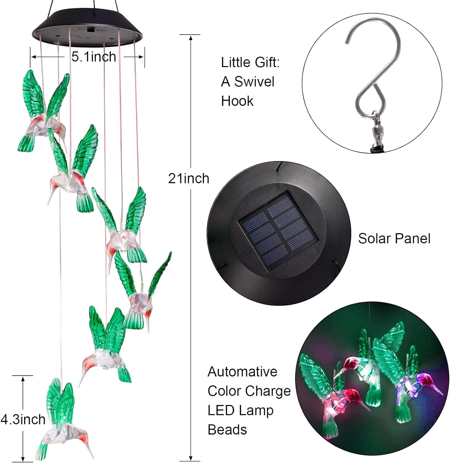 Bshapplus Solar Hummingbird Wind Chimes, Color Changing LED Waterproof Outdoor Hanging Light (1 Pack) 65wrk