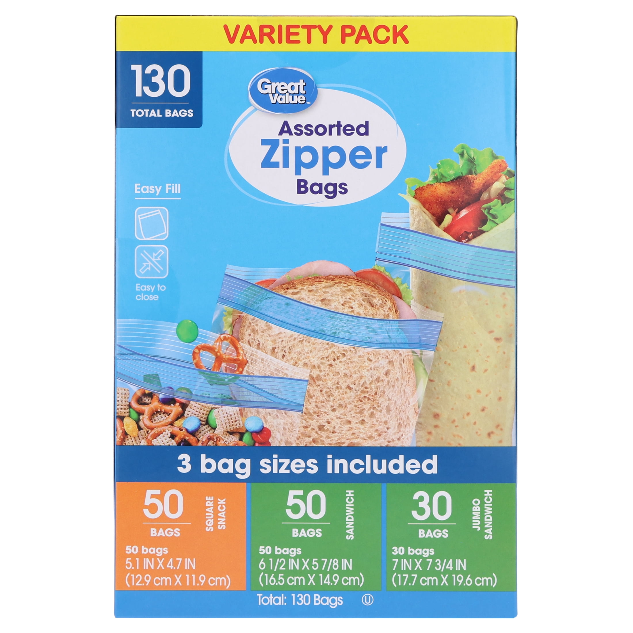 Great Value Zipper Food Storage Bags Variety Pack (Clear, 130 Count) 3zzbs