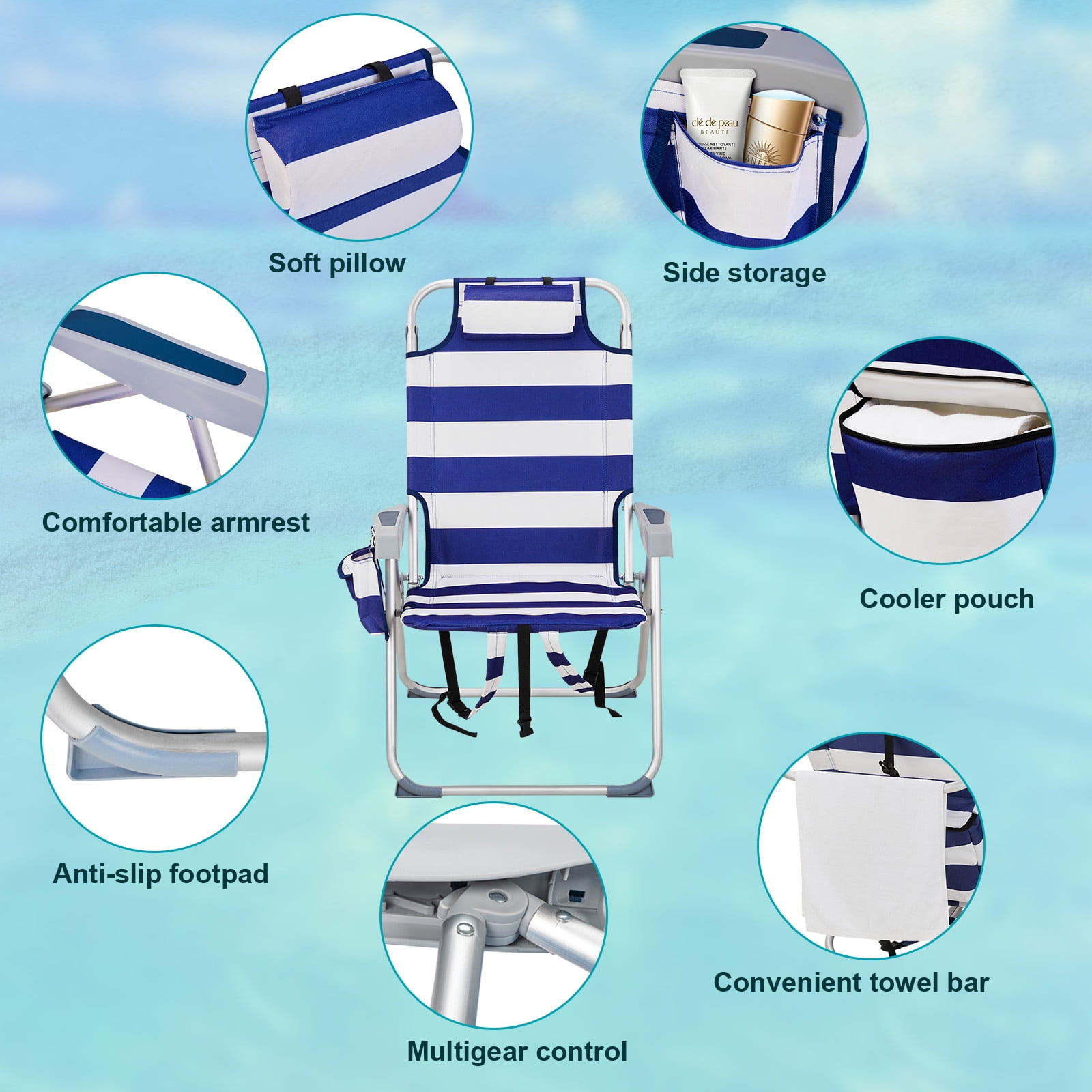 sluting Heightened Oxford Beach Chair with Adjustable Backrest (Blue Stripes, 24.8 in x 27.6 in x 39 in) 7tv28