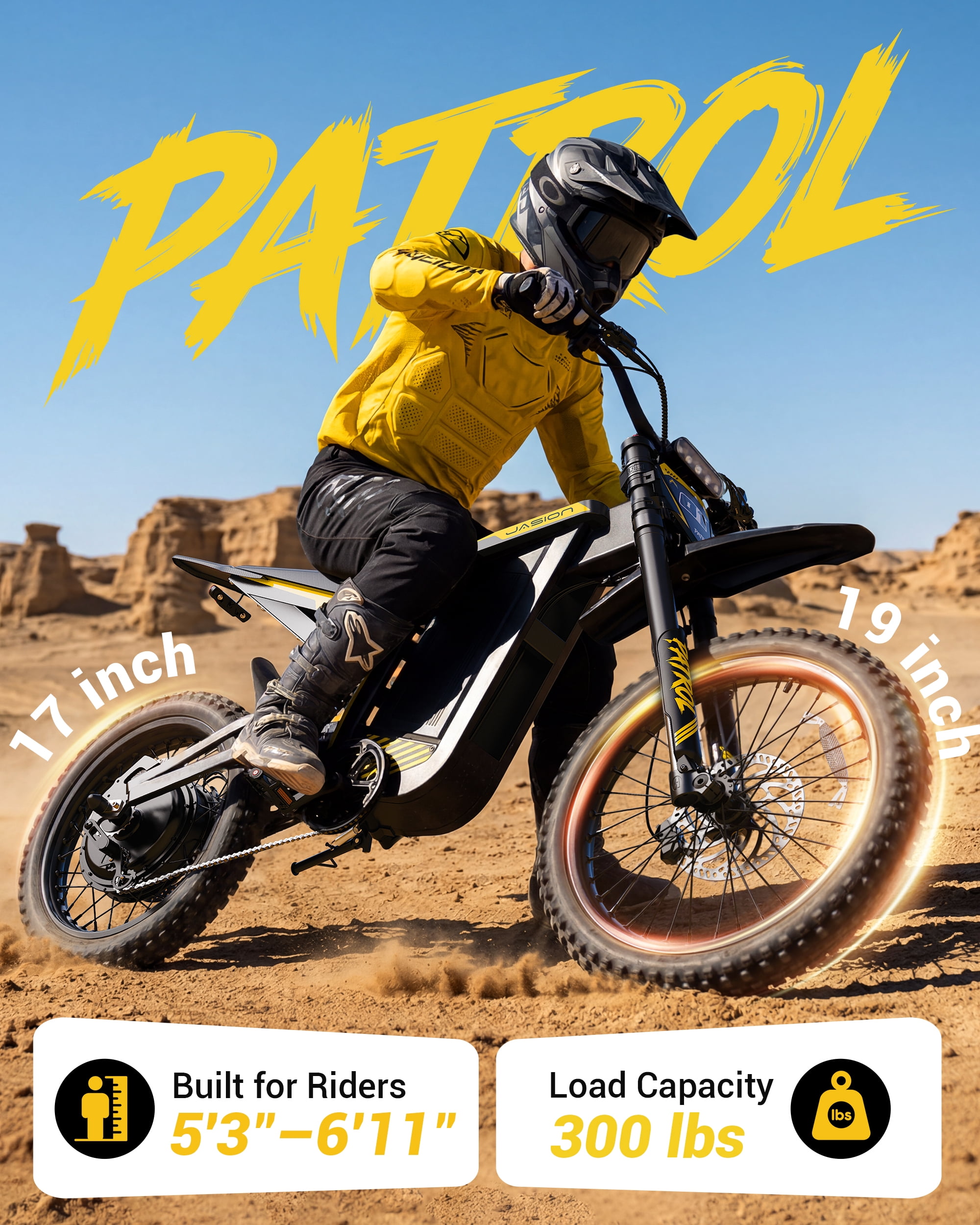 Jasion Patrol Electric Dirt Bike for Adults, 4000W Peak Motor, 52V 30Ah Battery, Fat Tire Off-Road E-Motorcycle (Yellow, 19 in/17 in) 3r5vd