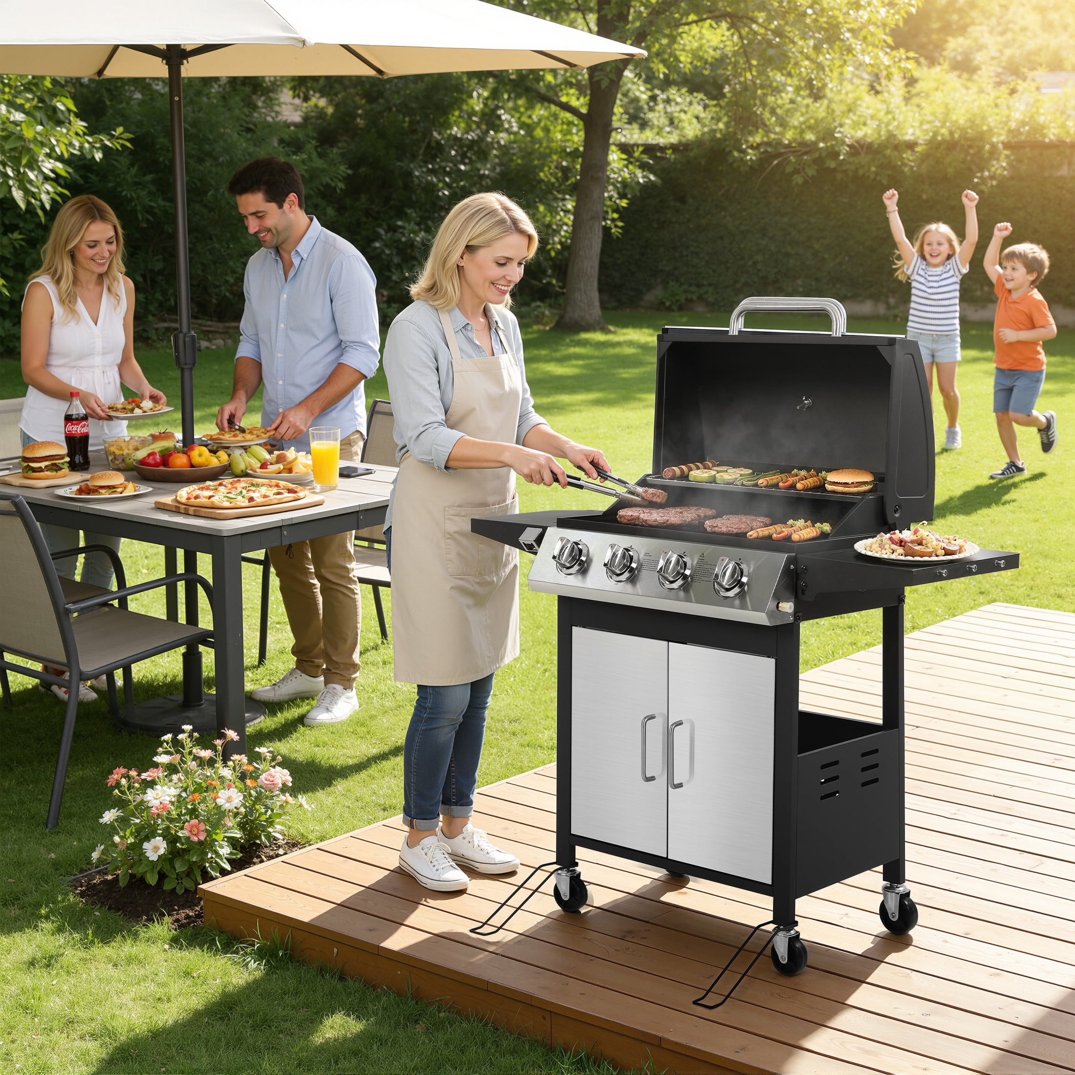 Segmart 4-Burner Propane Gas Grill, Stainless Steel Outdoor Barbecue Grill with Side Tables and Thermometer (40,000 BTU) sjvjb