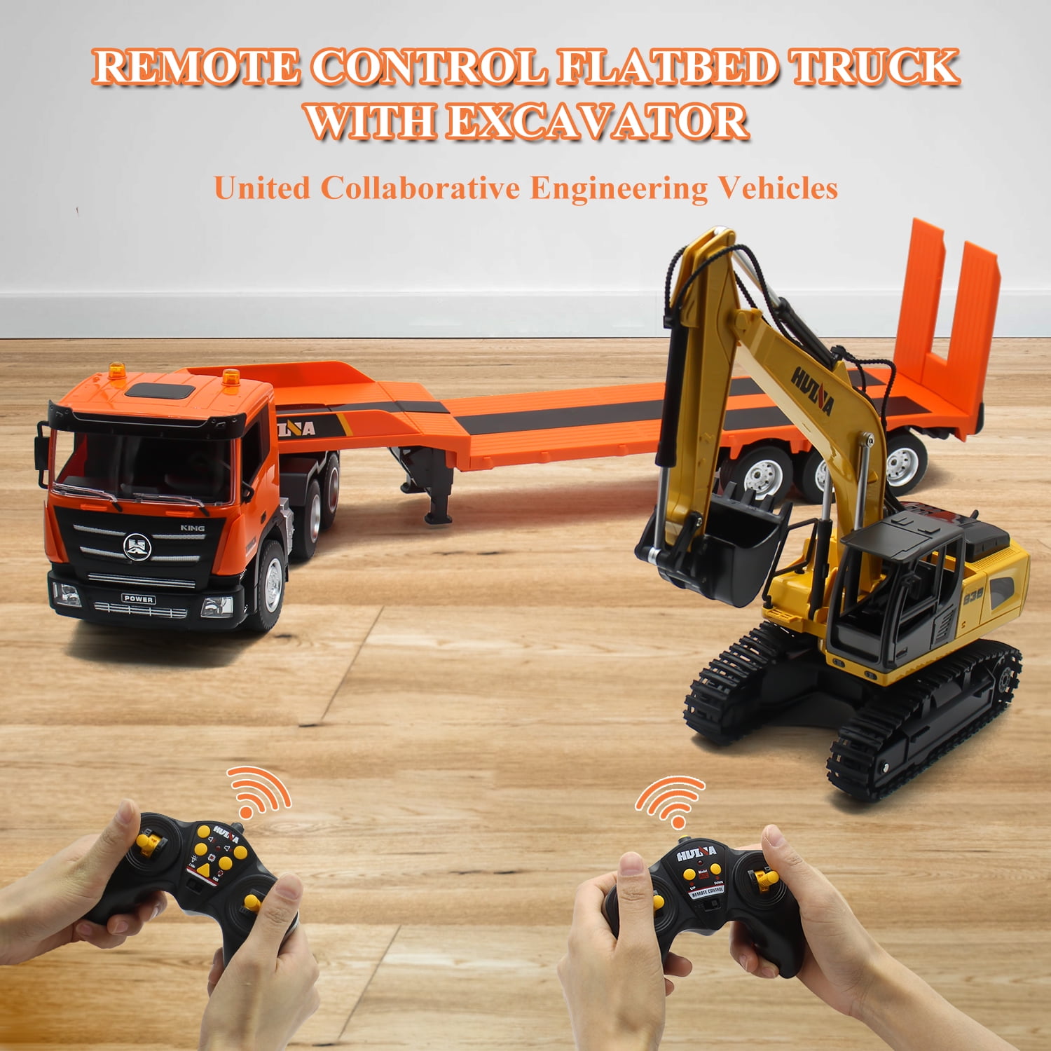 Fistone 2-in-1 Remote Control Excavator and Flatbed Semi-Trailer Truck Set (Orange, 1:24 Scale) bt42b