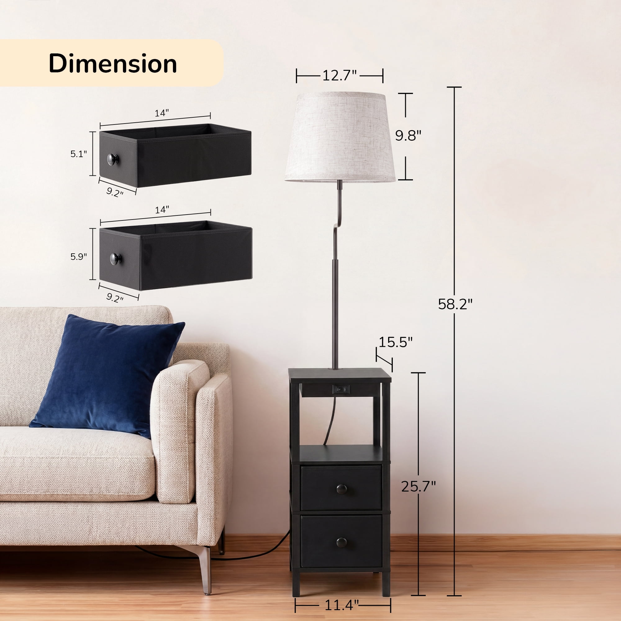EDISHINE Rustic Farmhouse Floor Lamp with Side Table and USB Charging Station (Black, 58.2 in) gdn3j