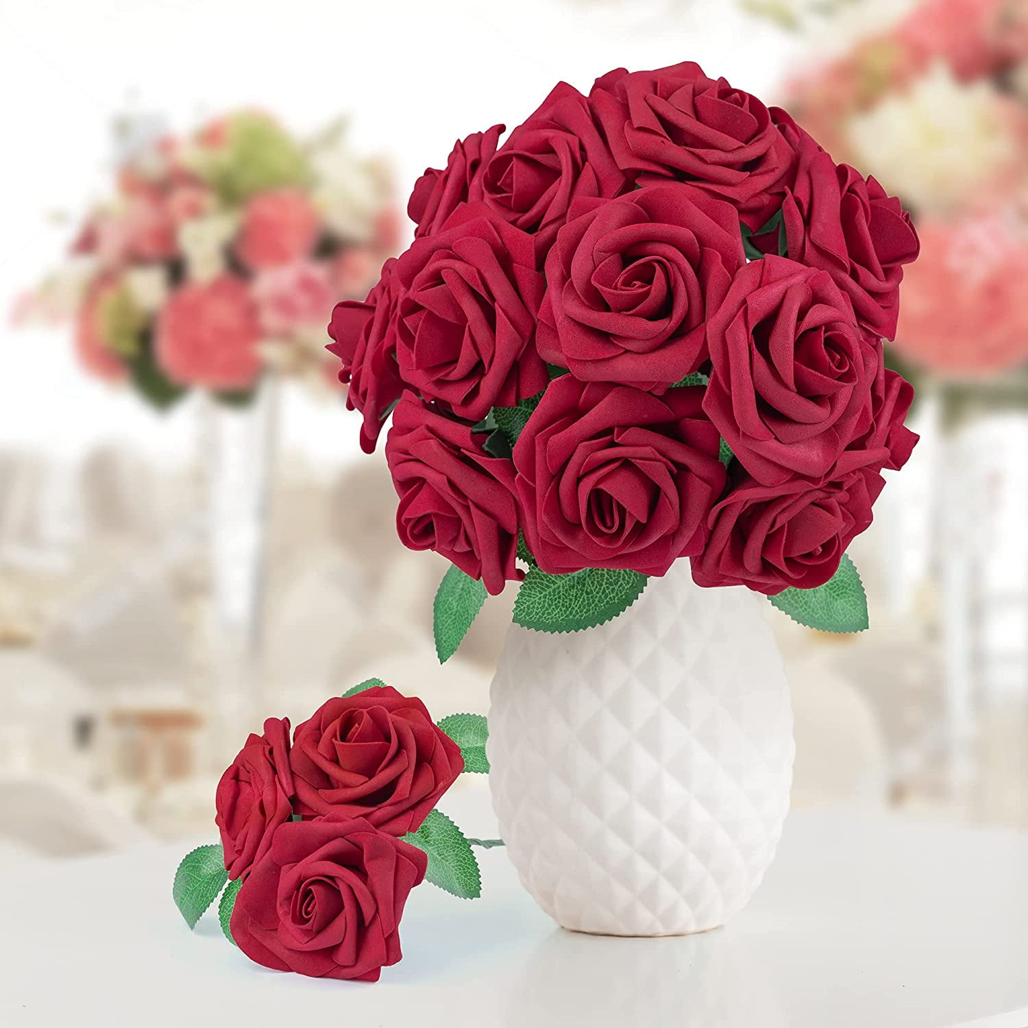 Mocoosy Artificial Foam Roses for DIY Floral Arrangements and Wedding Decor (Dark Red, 50 Pack) 0ninj