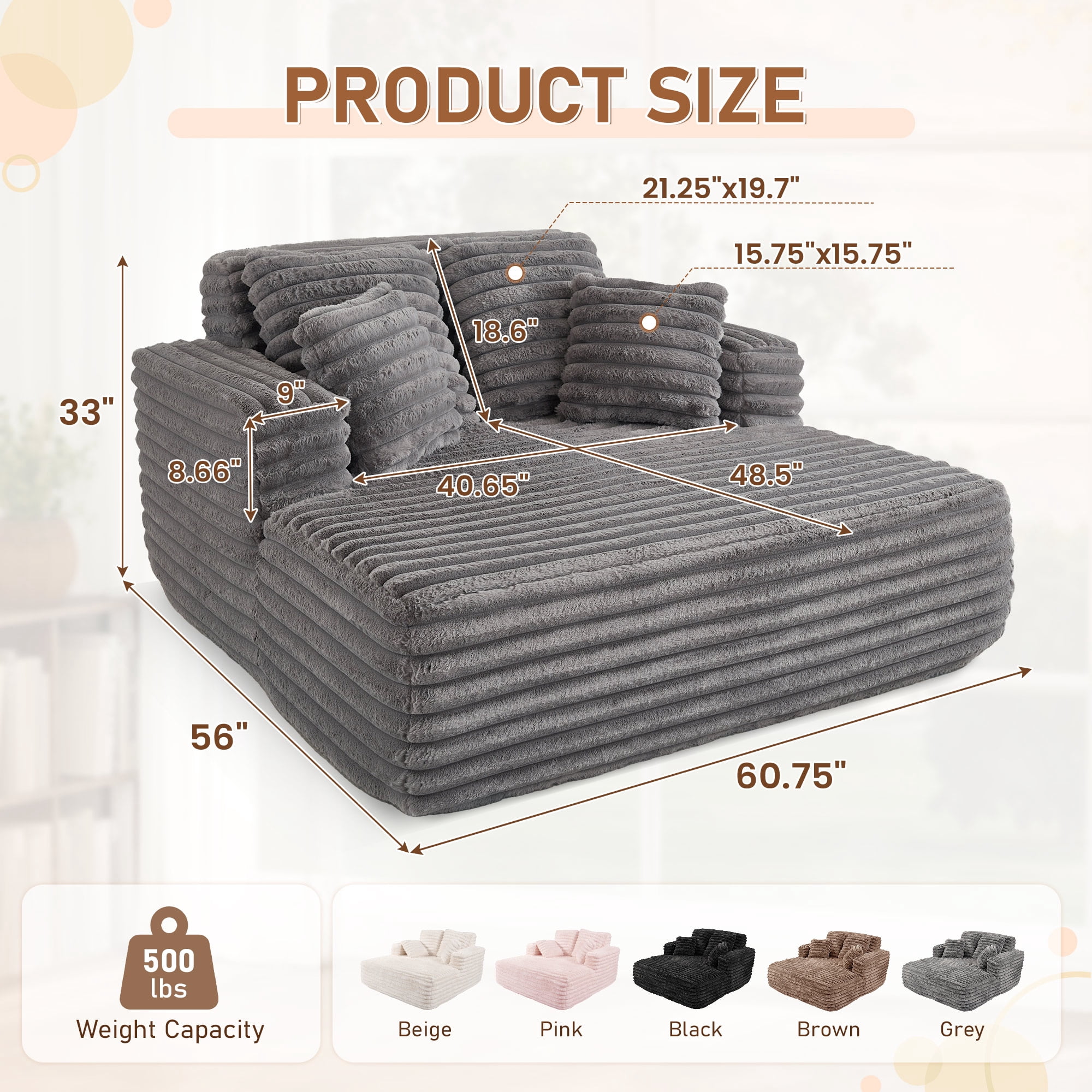 Muumblus Oversized Chaise Lounge Chair, Plush Corduroy Upholstered Sleeper Sofa for Living Room (Grey, 60 in x 40 in) gjbc4