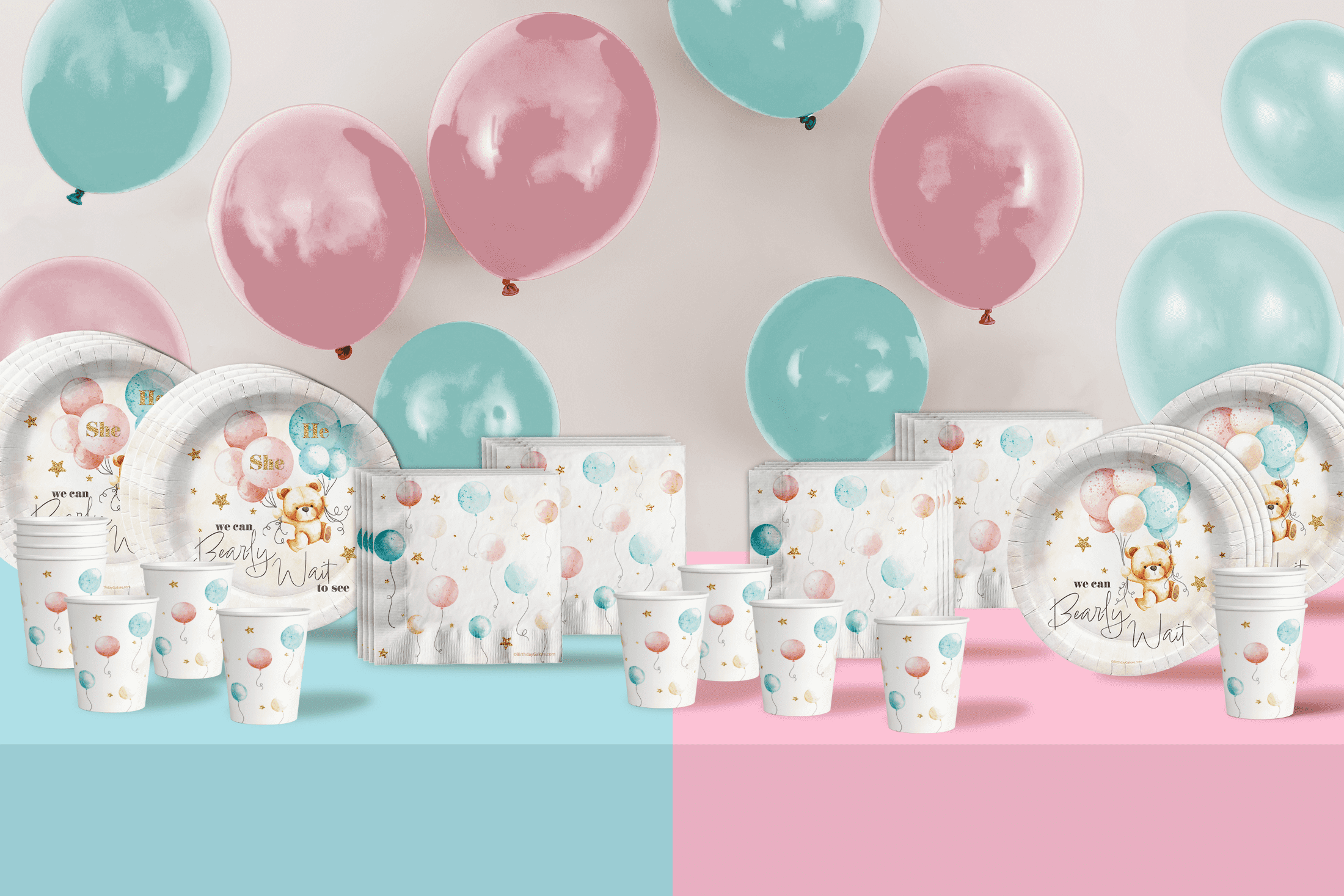 Birthday Galore Teddy Bear Gender Reveal Party Supplies (64 Piece Tableware Set, Serves 16) 1id5c