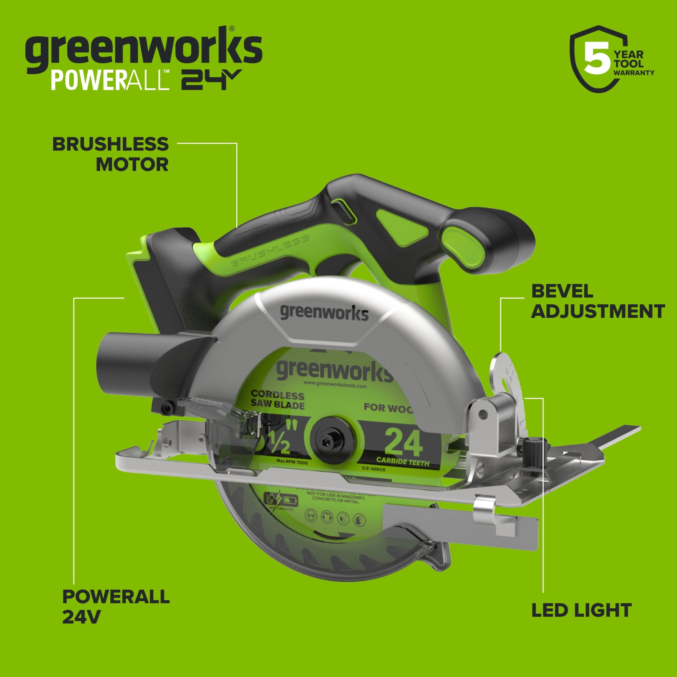 Greenworks PowerAll 24V Brushless 6-1/2 in Circular Saw (5000 RPM, Tool Only) dwp7v