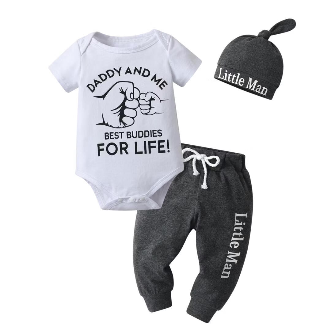 Quamicy Newborn Baby Boy Long Sleeve Romper Pants and Hat 3-Piece Outfit Set (White, Newborn) 2hmw0