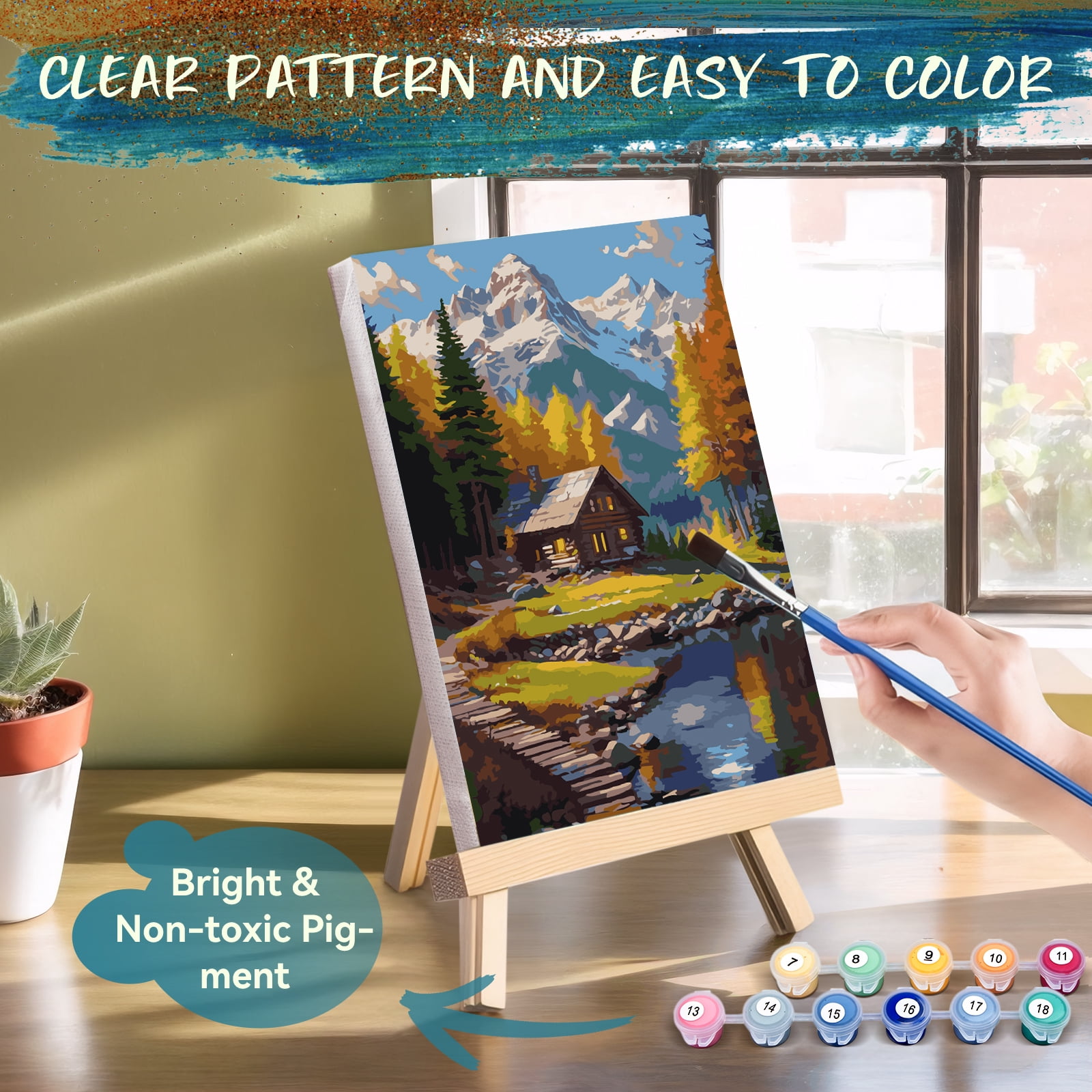 Qoosea Paint by Numbers Kit for Adults with Frame and Wooden Easel, DIY Landscape Art Set (4 Pack, 11.8 in x 9.4 in) wa0uo