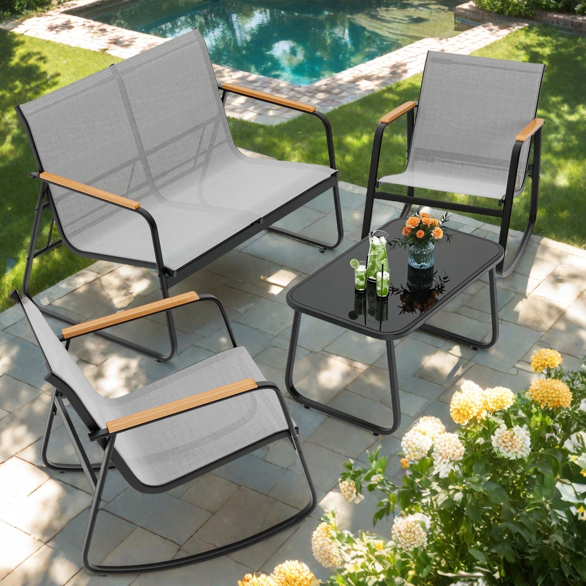 Lofka 4-Piece Patio Conversation Set with Rocking Chairs, Loveseat, and Glass Coffee Table (Gray, 4-Piece Set) zm9ee