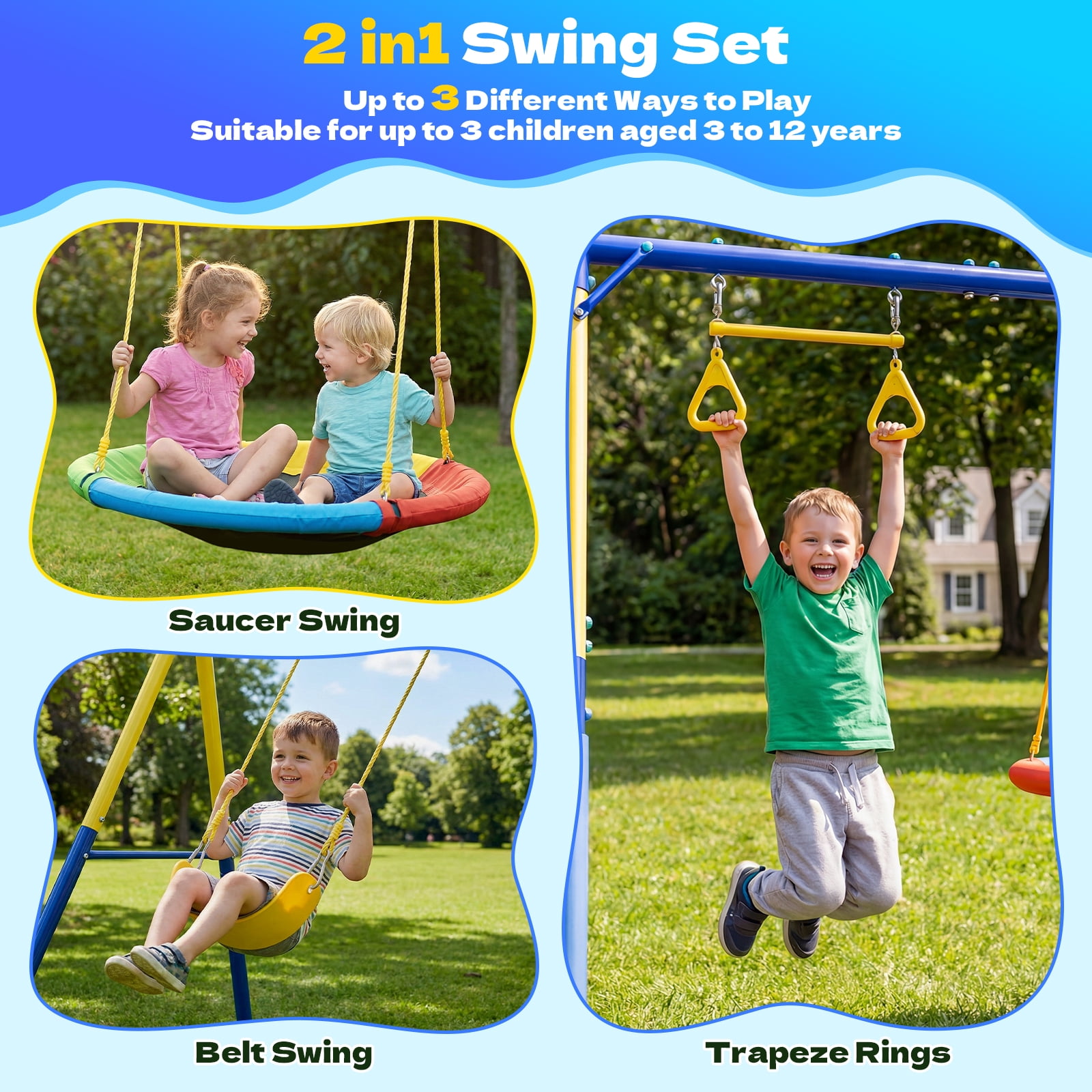 Fashionsport Outfitters Heavy-Duty Outdoor Metal Swing Set with Saucer Swing, Belt Swing, and Trapeze Rings (Yellow, 500 lb Capacity) 0b4sk